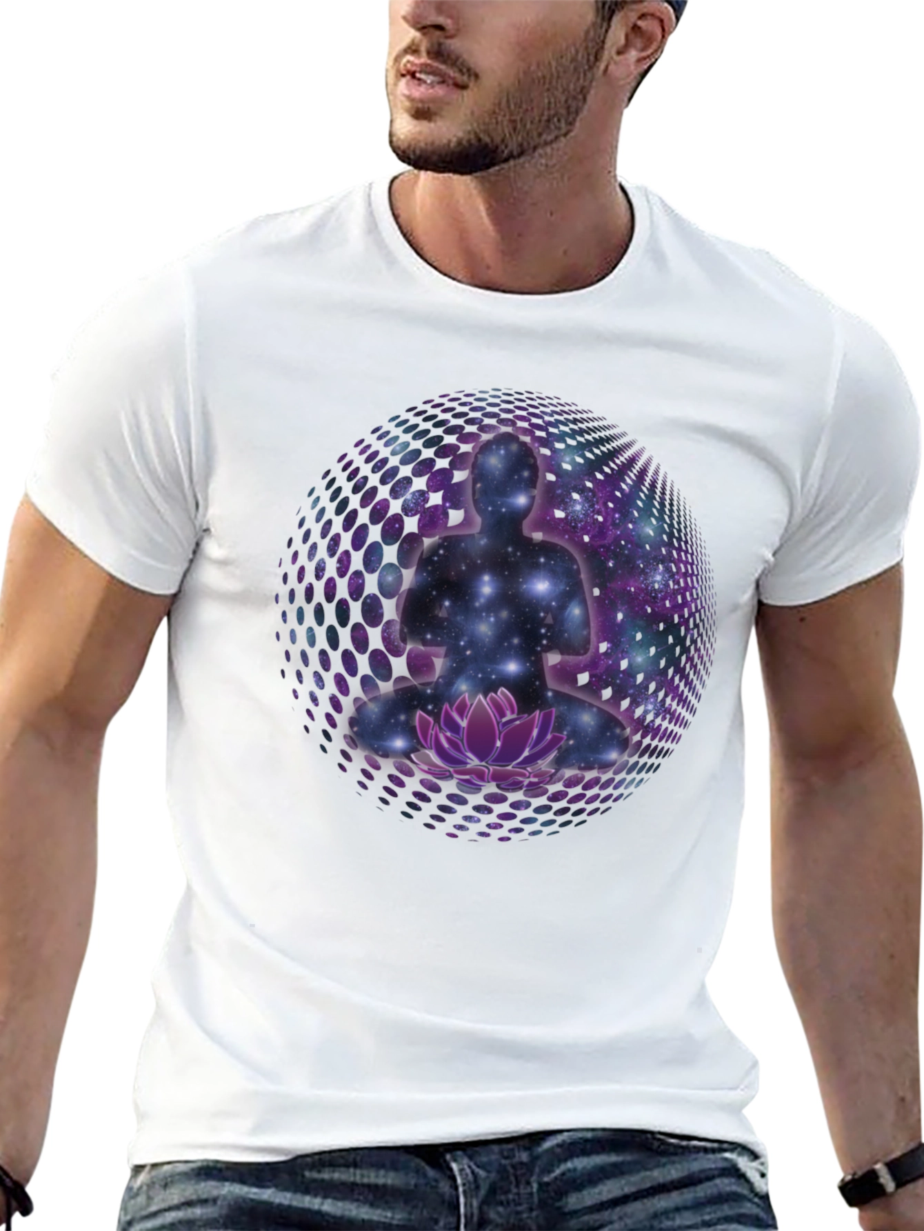 Meditative Galaxy T-Shirt: Cosmic Lotus Design
