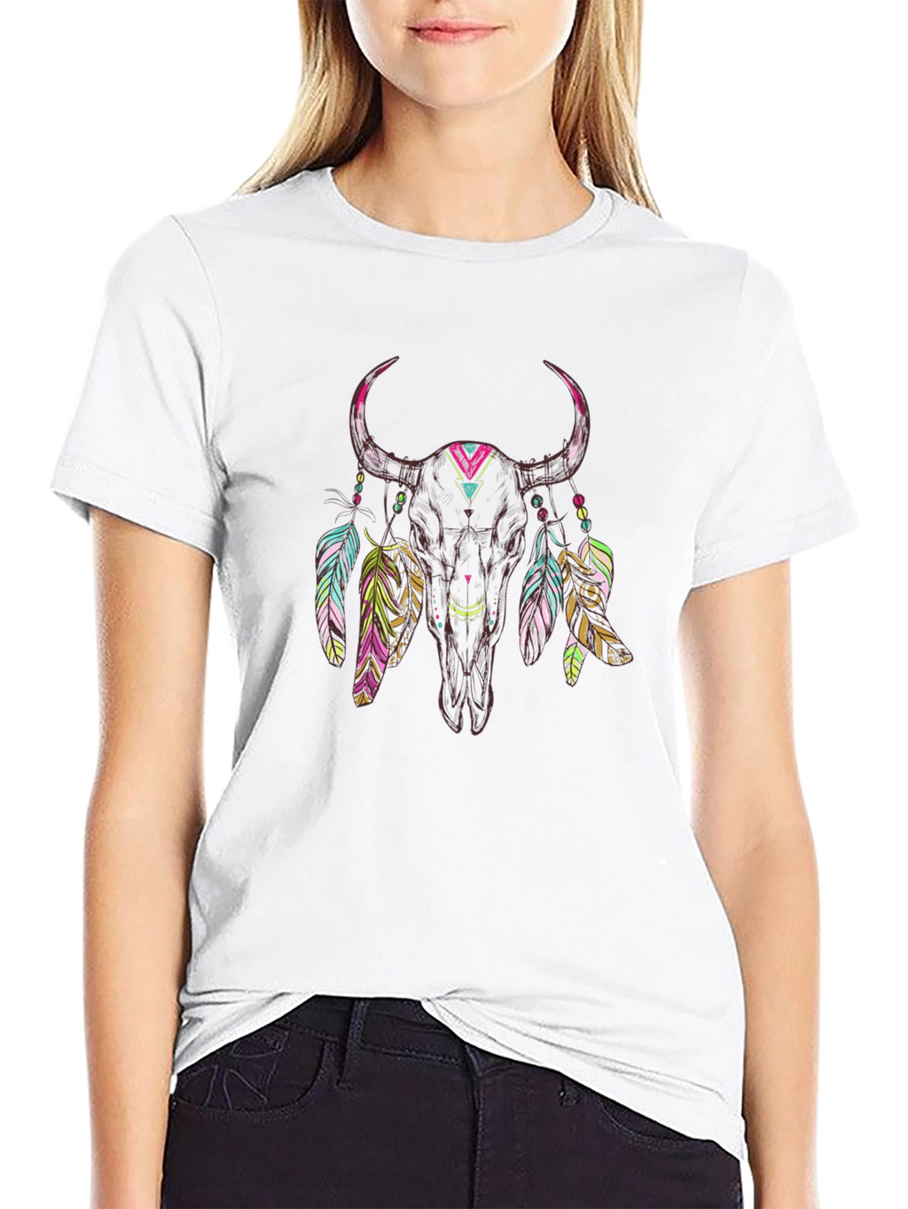 Bull Skull Feather Graphic Tee - Black