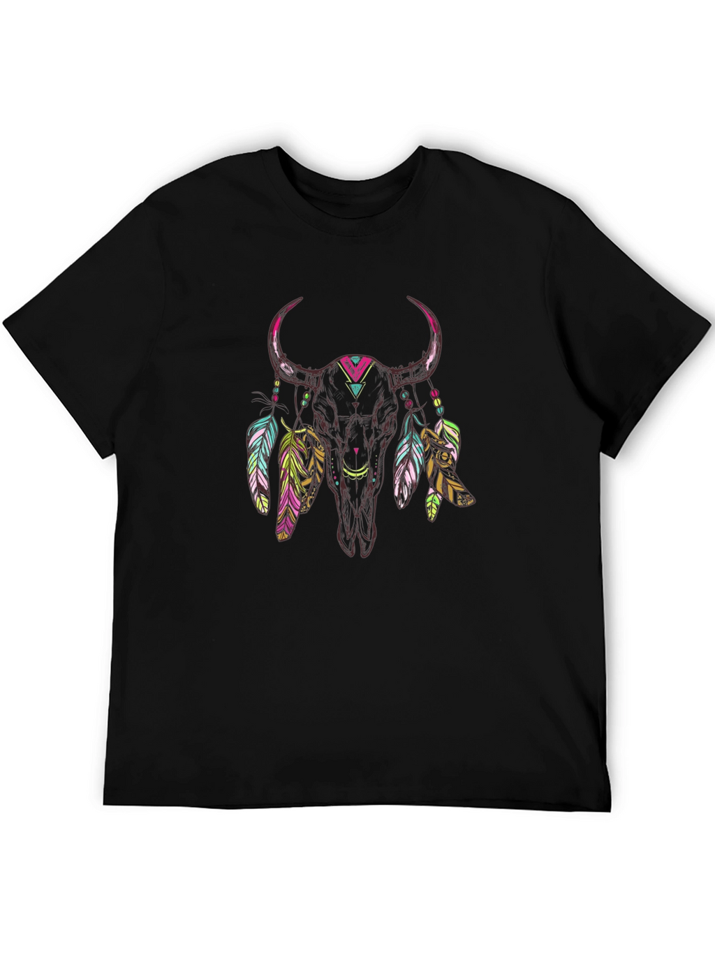 Bull Skull Feather Graphic Tee - Black