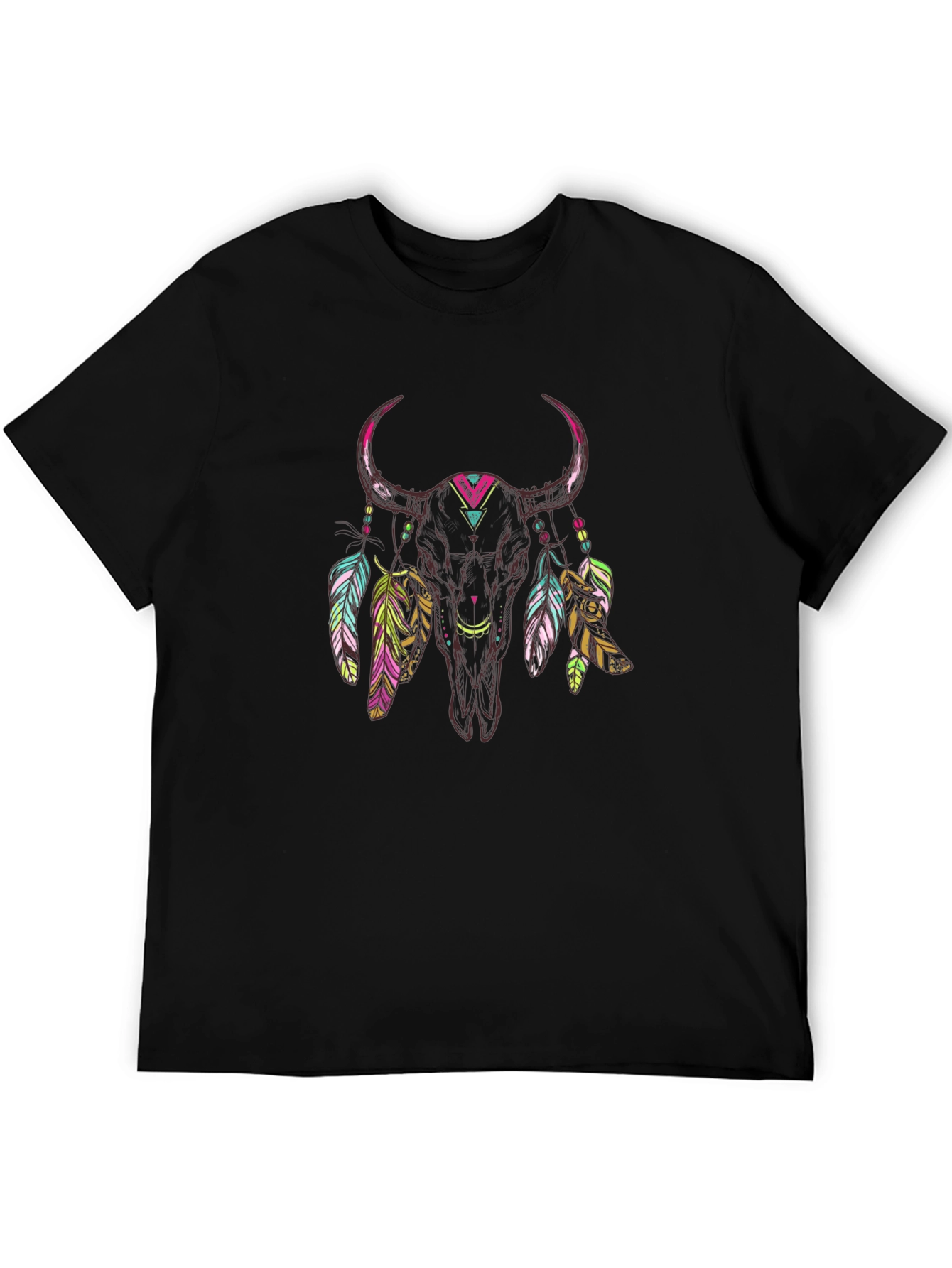 Bull Skull Feather Graphic Tee - Black