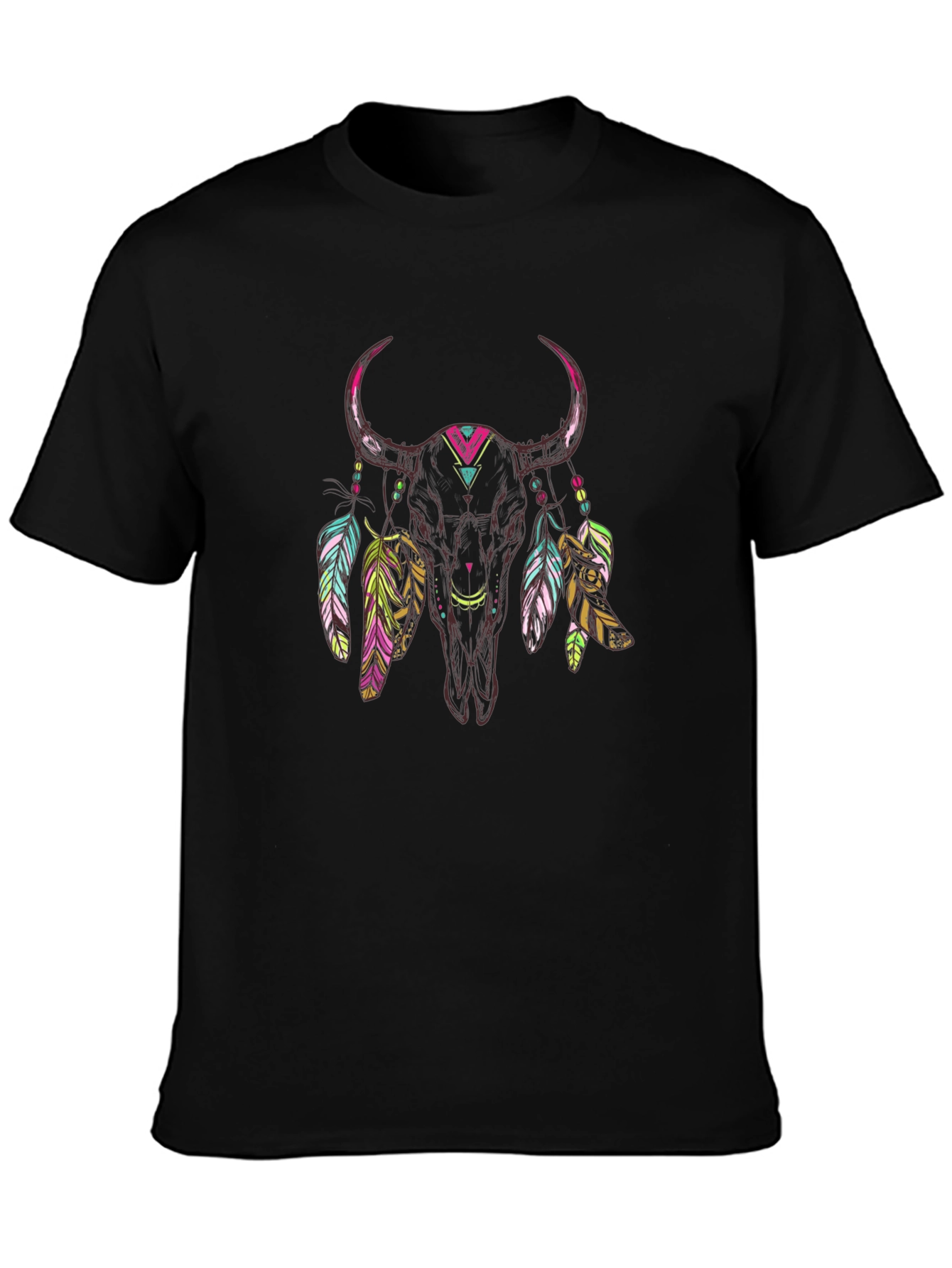 Bull Skull Feather Graphic Tee - Black