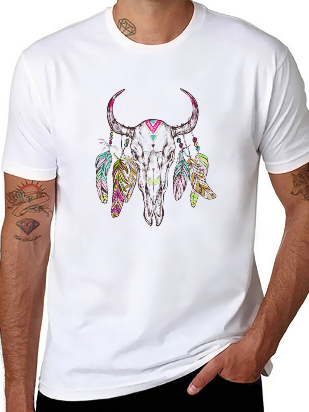 Bull Skull Feather Graphic Tee - Black
