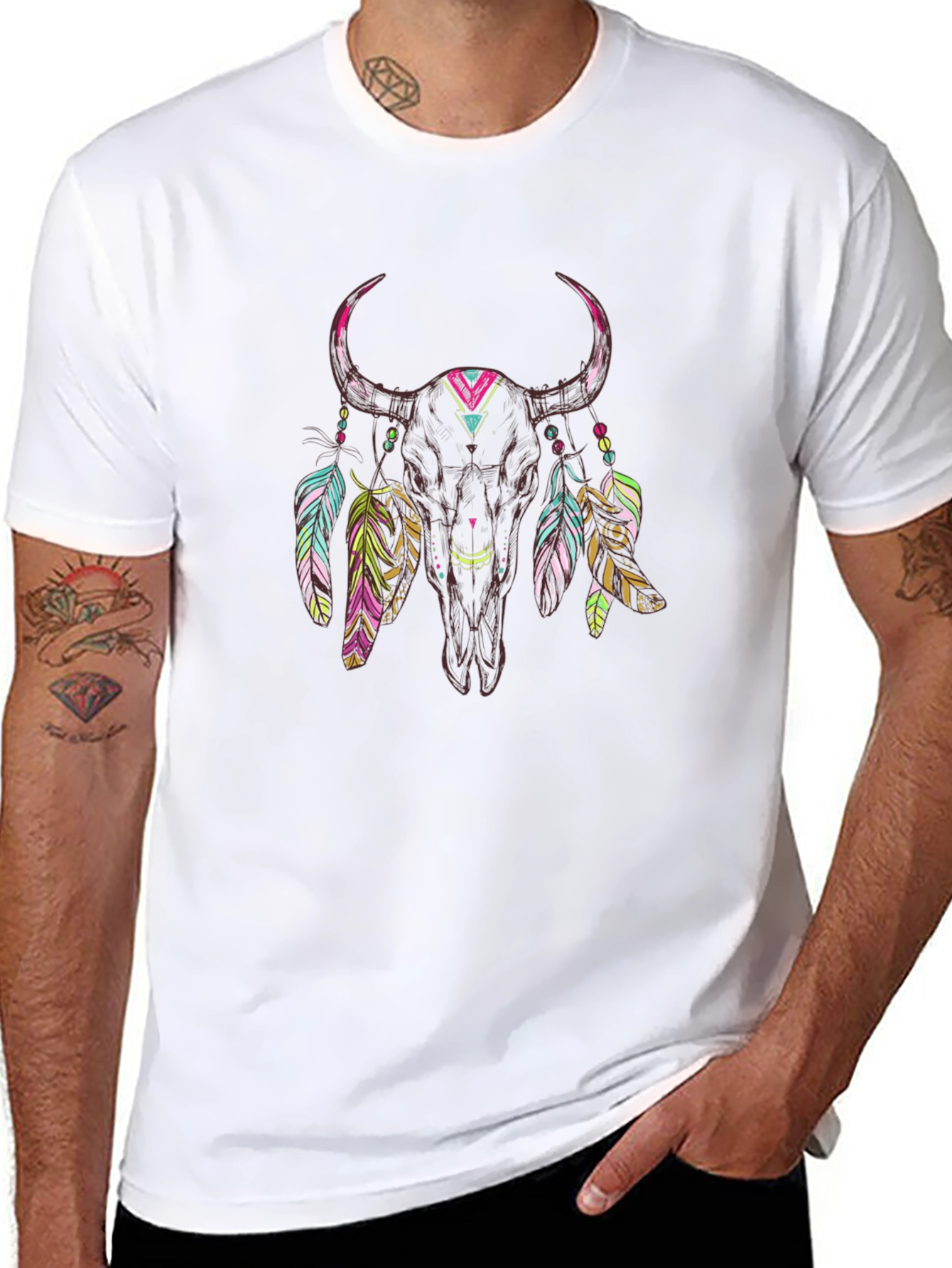 Bull Skull Feather Graphic Tee - Black