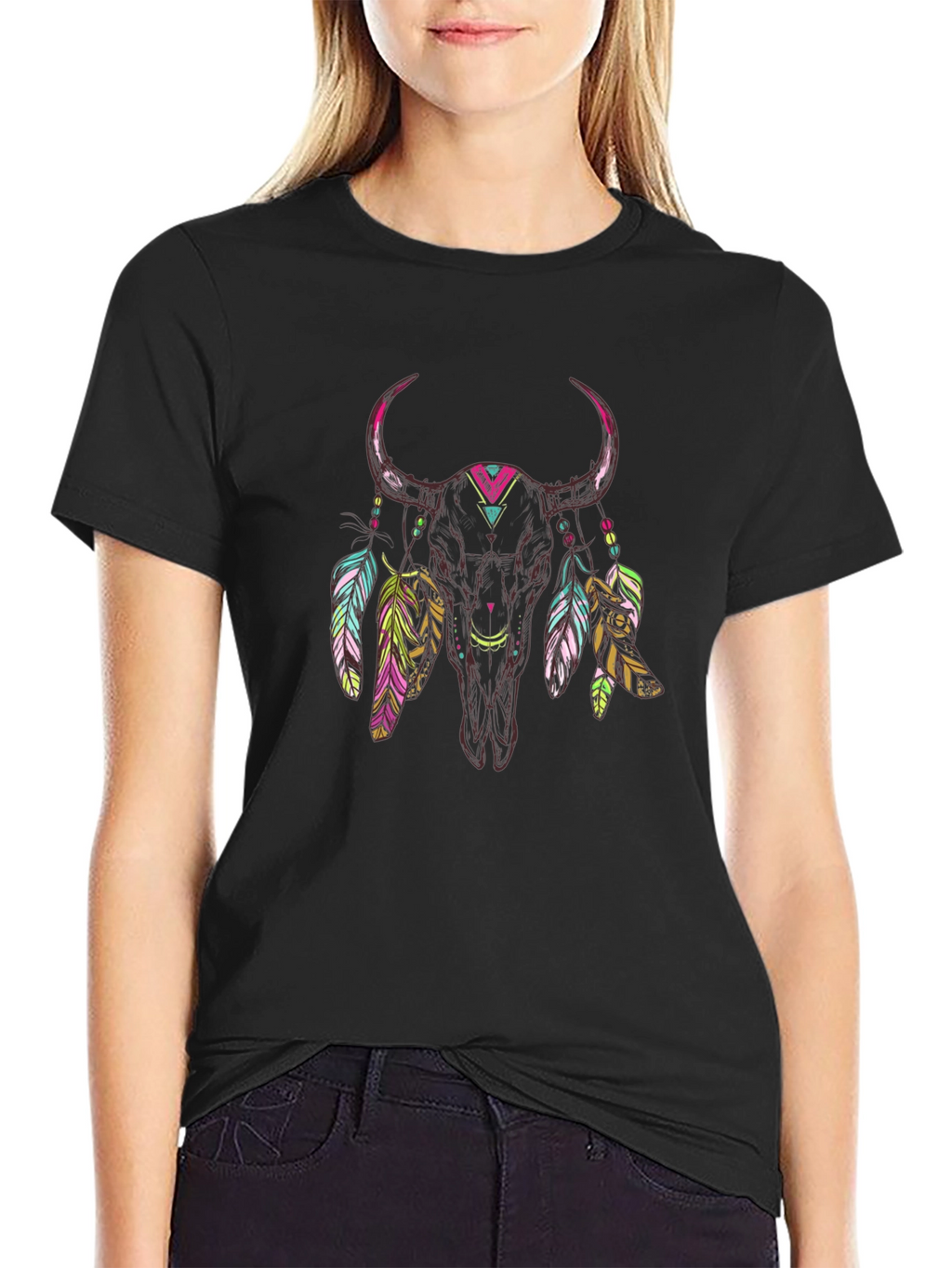 Bull Skull Feather Graphic Tee - Black