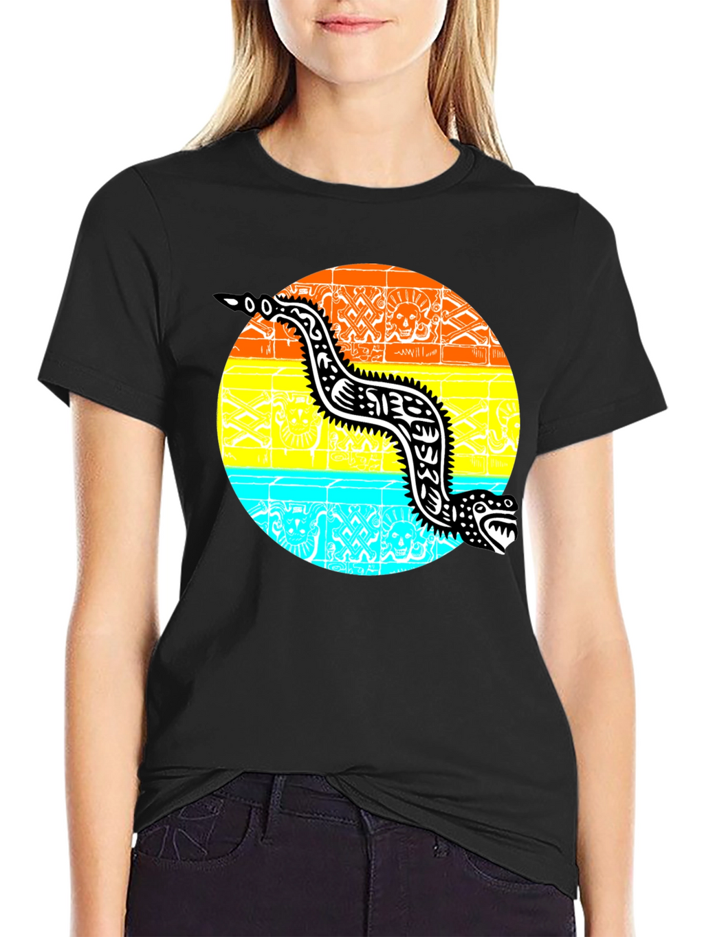 Aztec Serpent Graphic Tee - Black Cotton T-Shirt