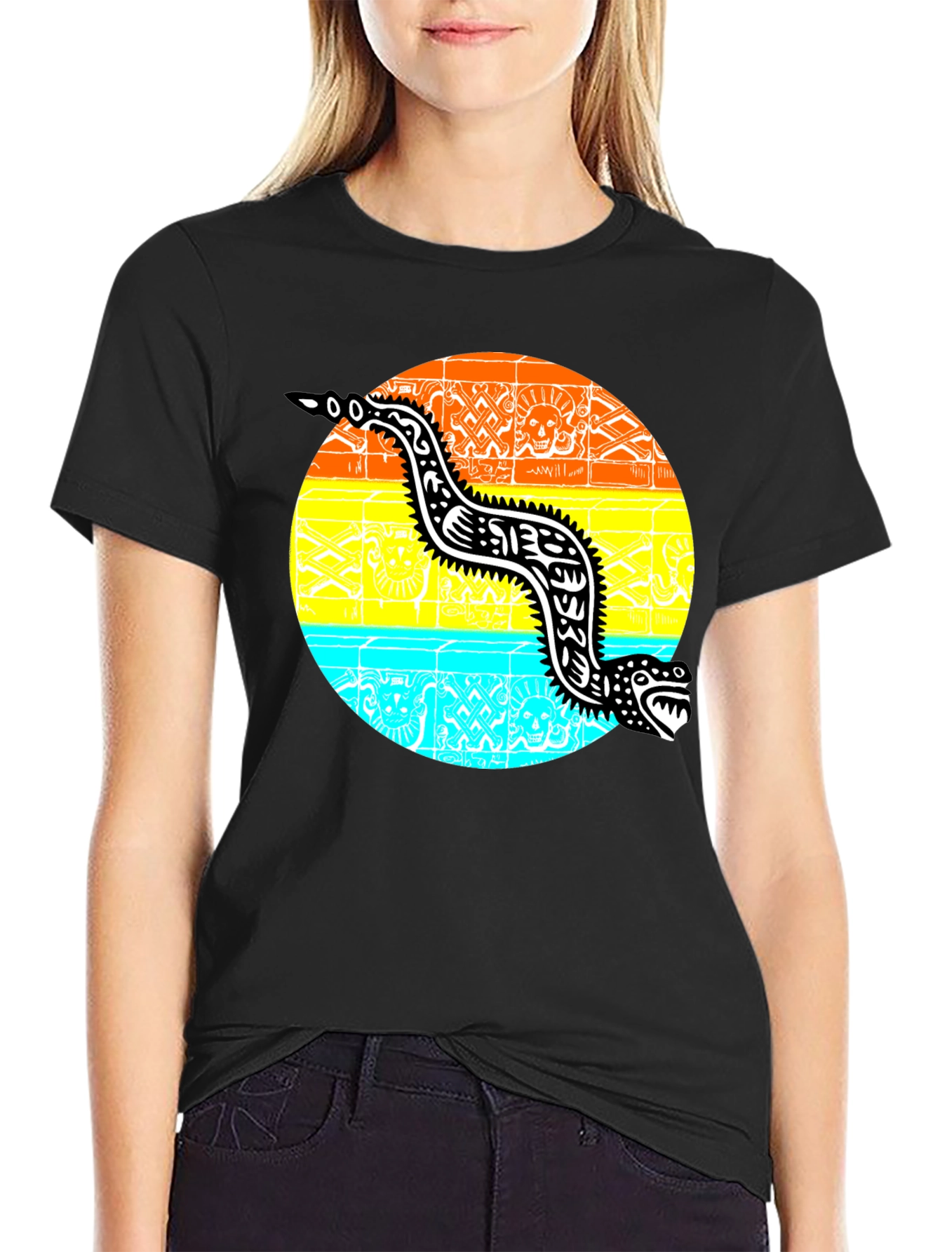 Aztec Serpent Graphic Tee - Black Cotton T-Shirt