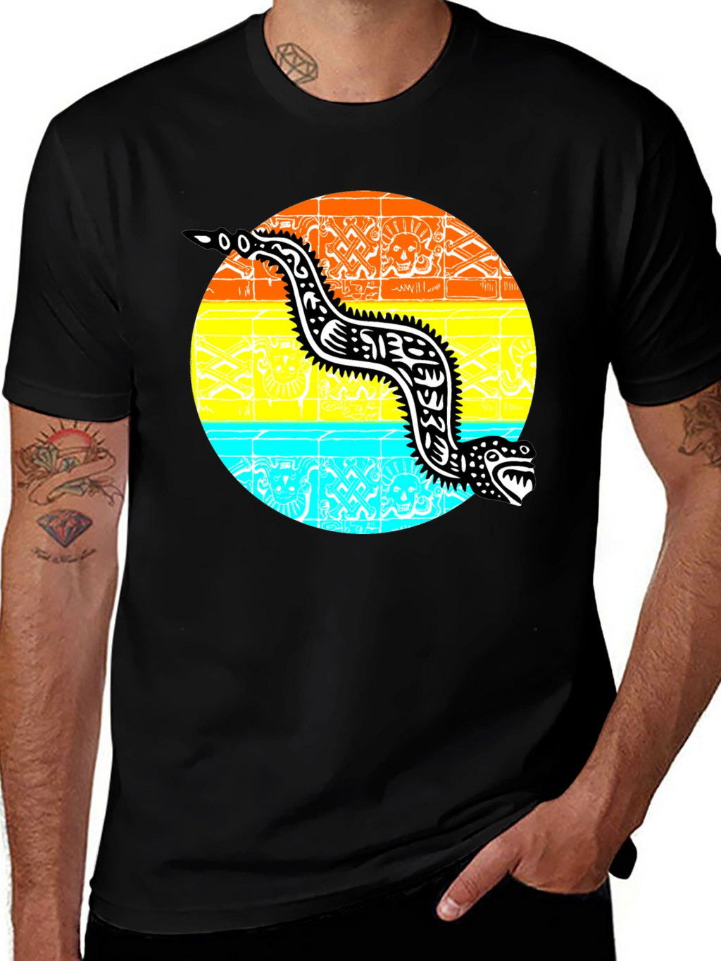 Aztec Serpent Graphic Tee - Black Cotton T-Shirt