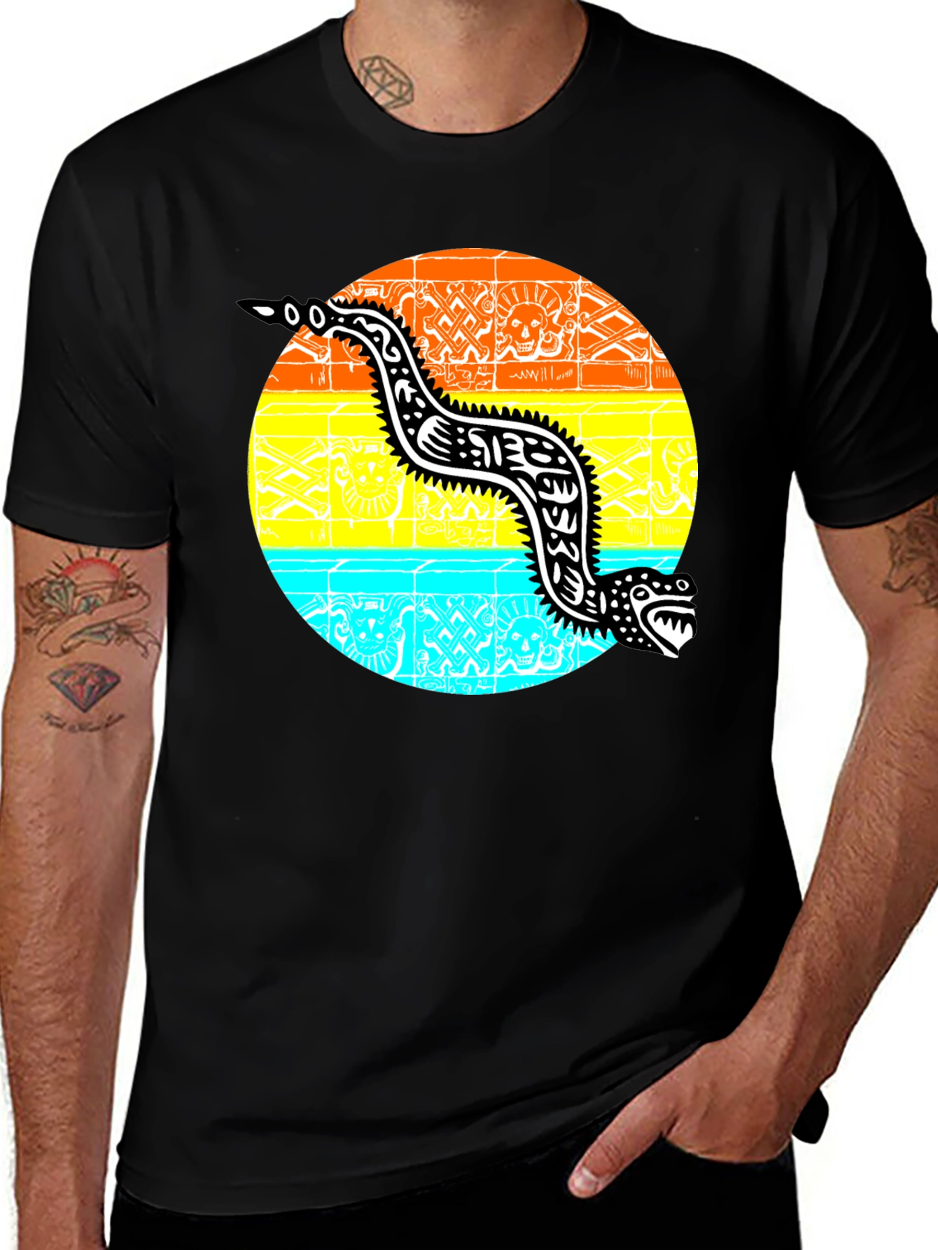 Aztec Serpent Graphic Tee - Black Cotton T-Shirt