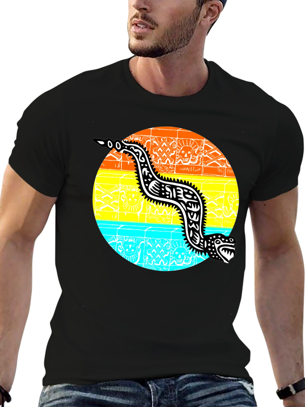 Aztec Serpent Graphic Tee - Black Cotton T-Shirt