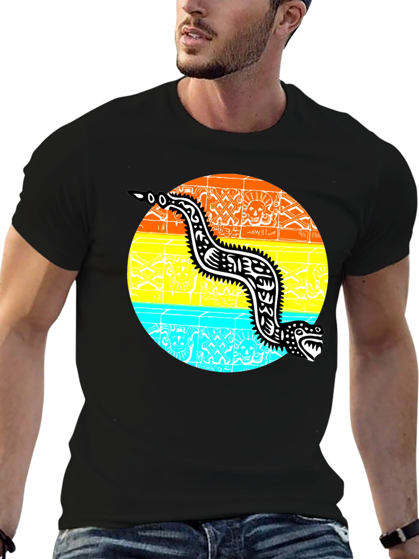 Aztec Serpent Graphic Tee - Black Cotton T-Shirt