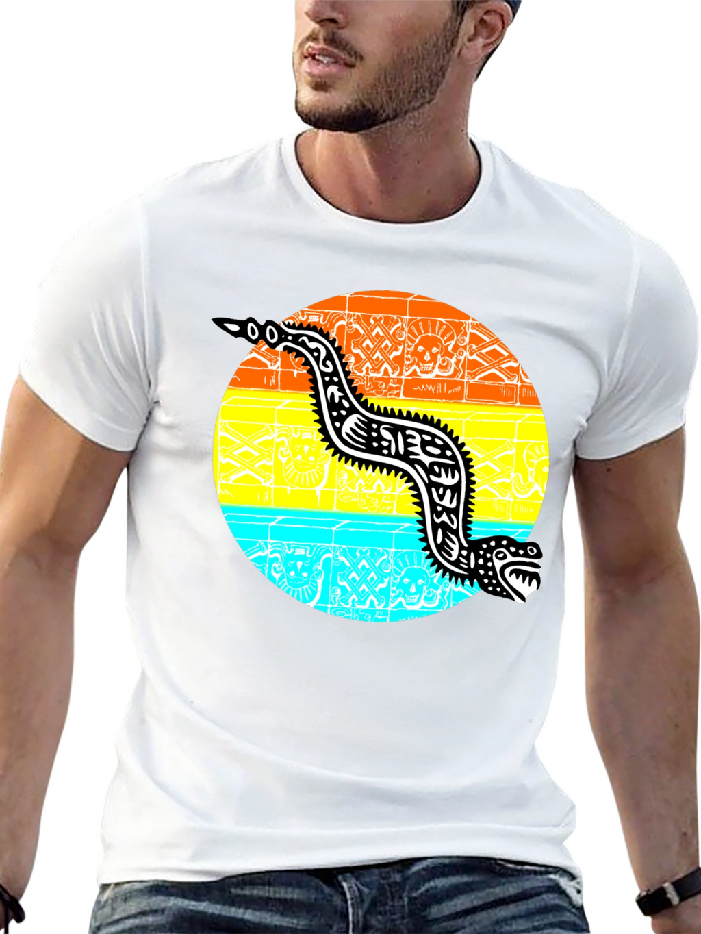 Aztec Serpent Graphic Tee - Black Cotton T-Shirt