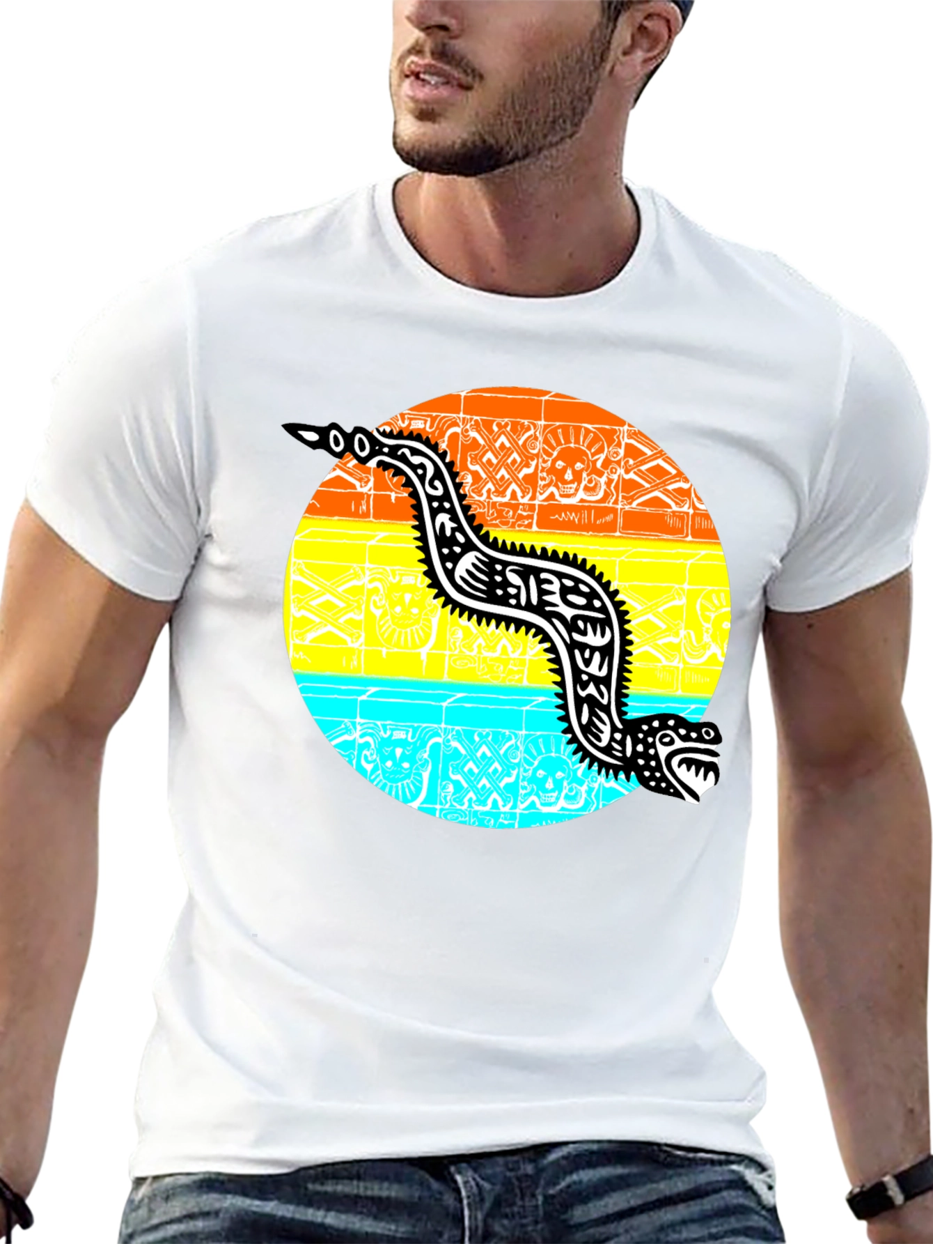 Aztec Serpent Graphic Tee - Black Cotton T-Shirt