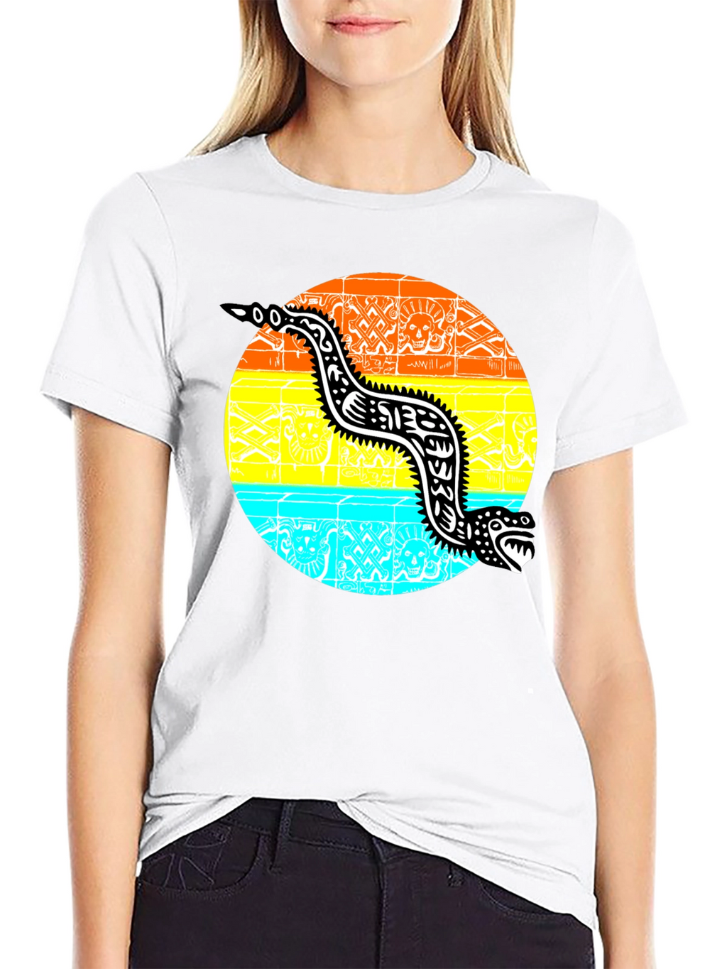 Aztec Serpent Graphic Tee - Black Cotton T-Shirt