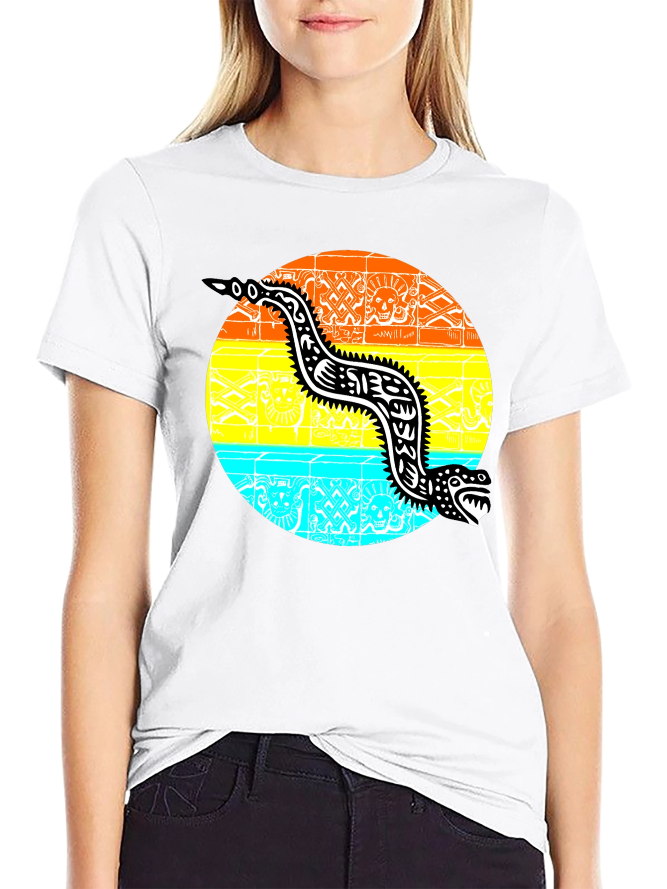 Aztec Serpent Graphic Tee - Black Cotton T-Shirt