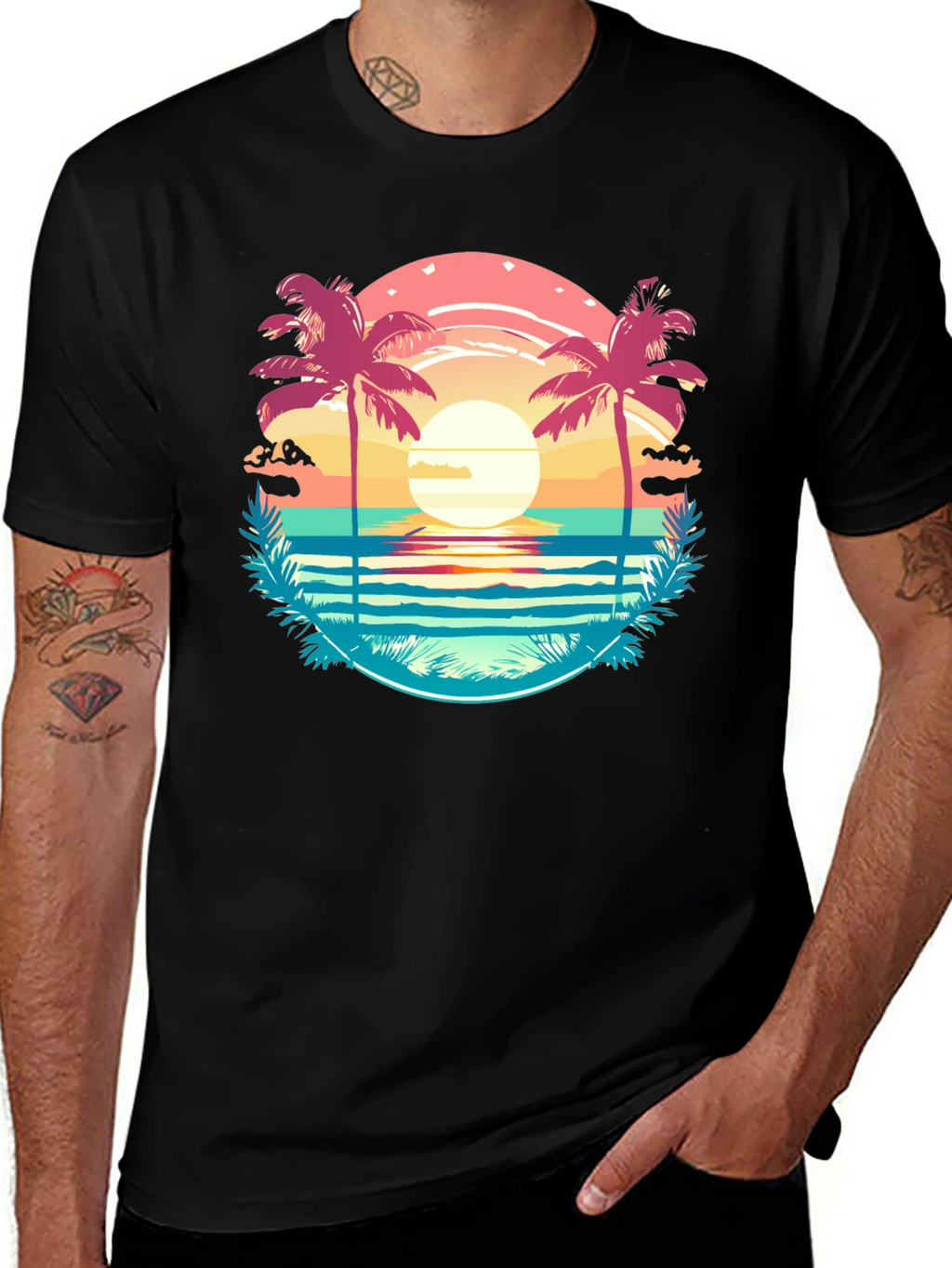 Tropical Palm Beach Graphic Tee - Sunset Vibes