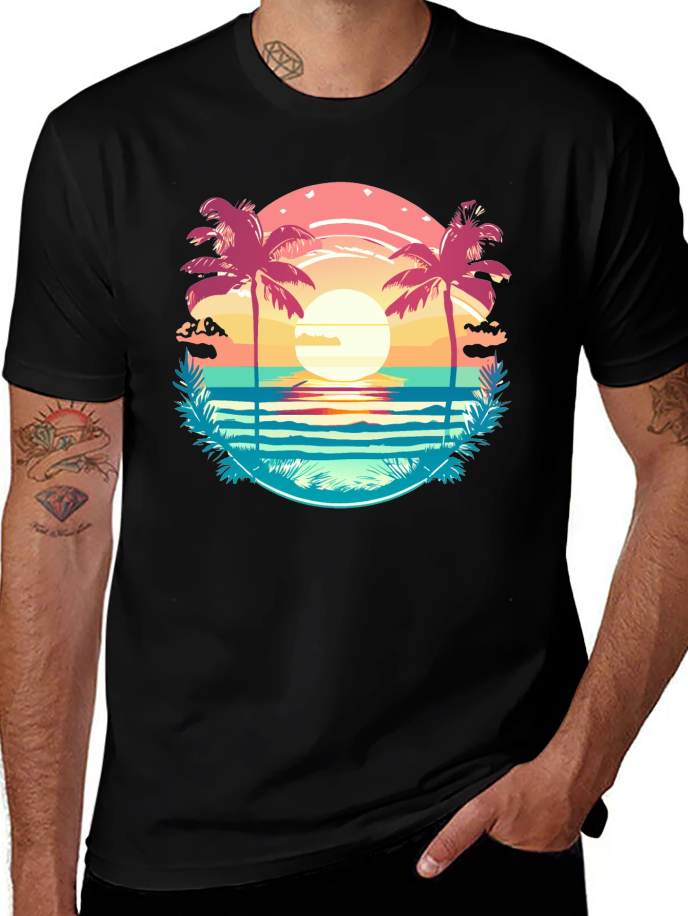 Tropical Palm Beach Graphic Tee - Sunset Vibes