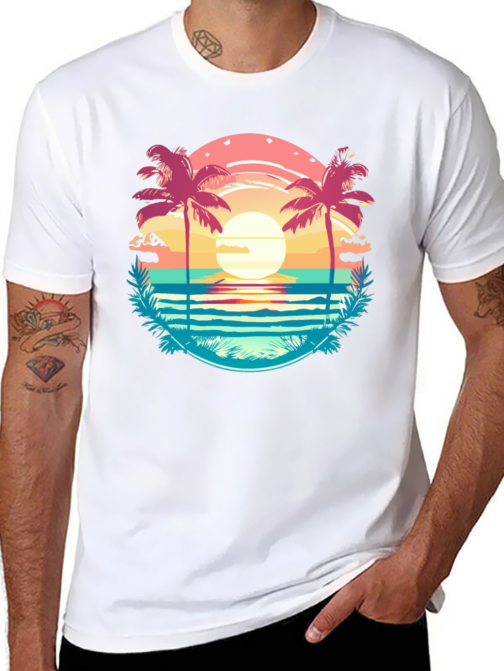 Tropical Palm Beach Graphic Tee - Sunset Vibes