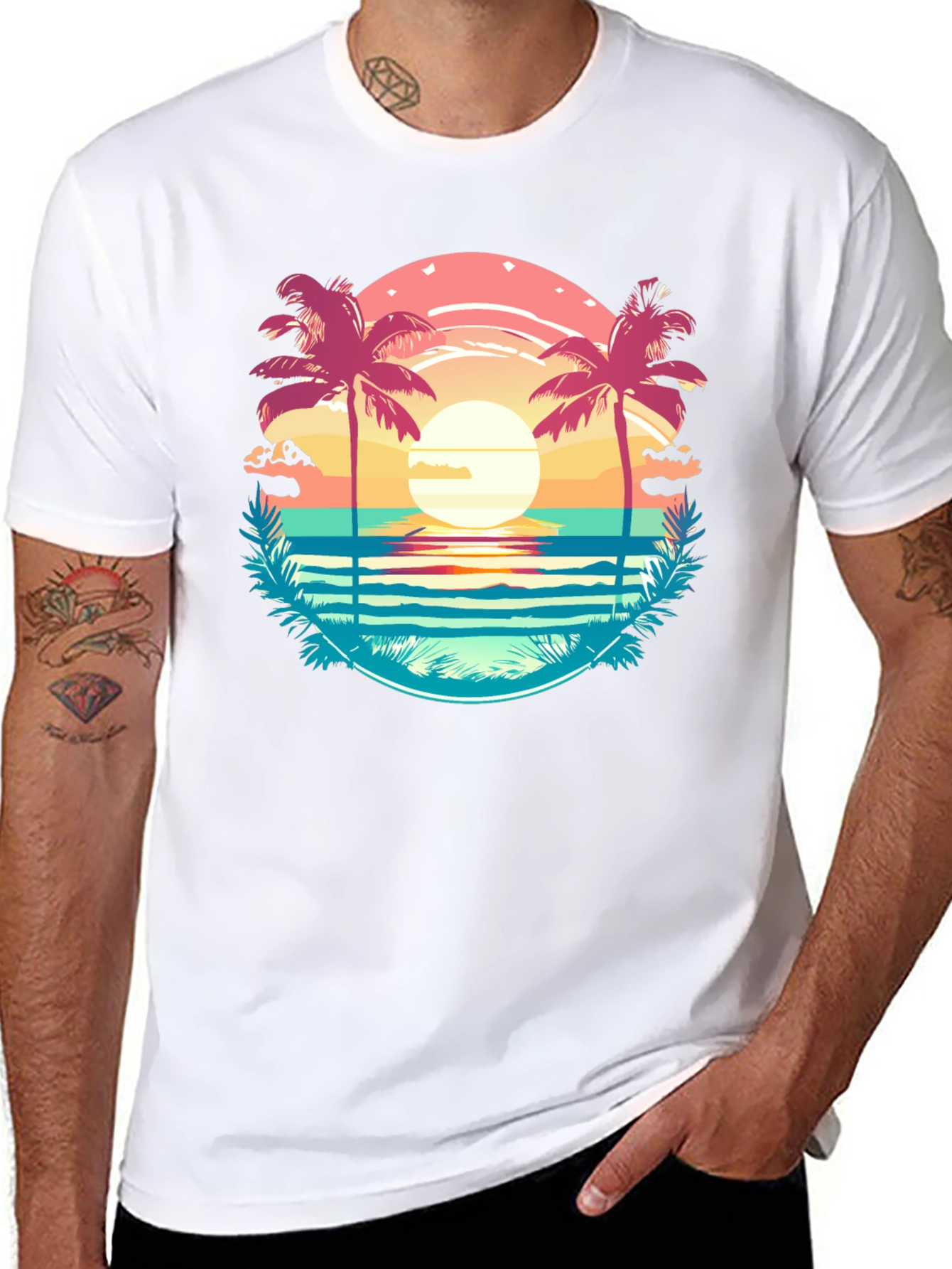 Tropical Palm Beach Graphic Tee - Sunset Vibes