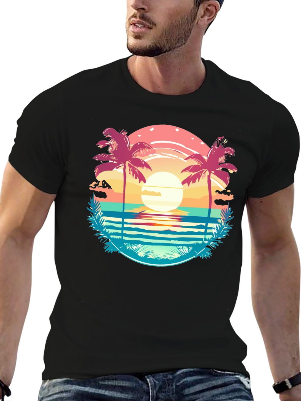 Tropical Palm Beach Graphic Tee - Sunset Vibes