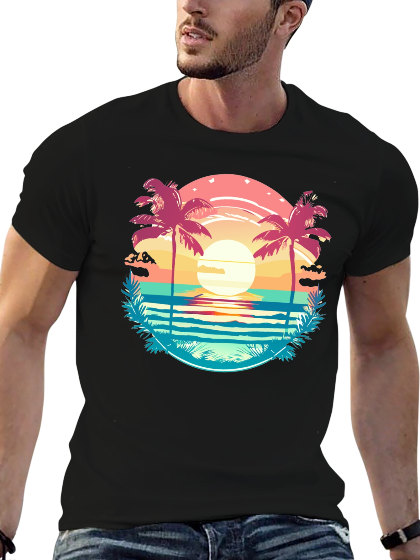Tropical Palm Beach Graphic Tee - Sunset Vibes