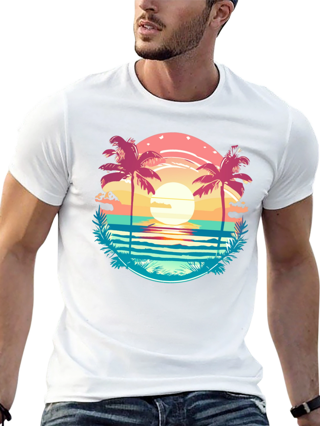Tropical Palm Beach Graphic Tee - Sunset Vibes