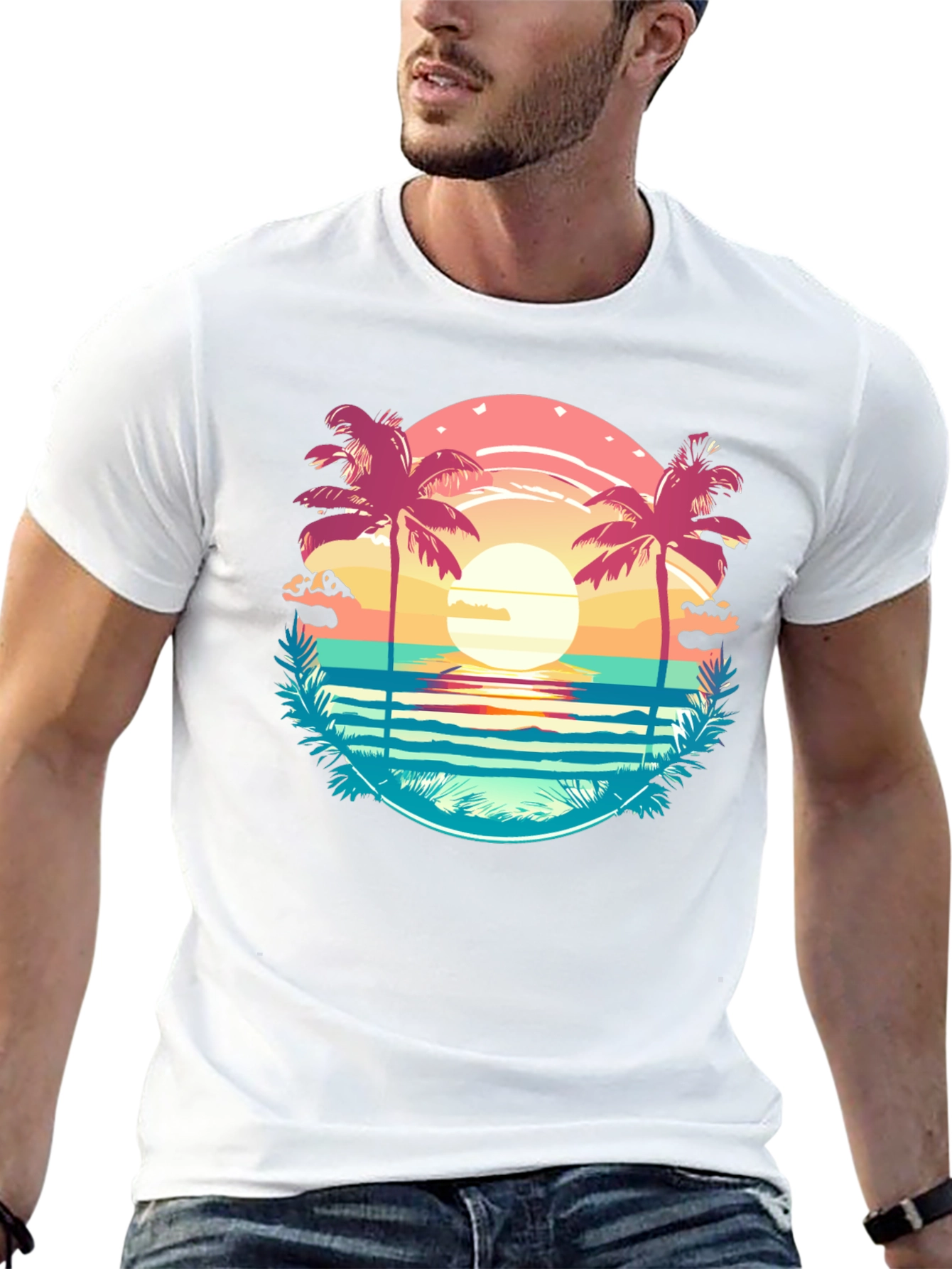 Tropical Palm Beach Graphic Tee - Sunset Vibes