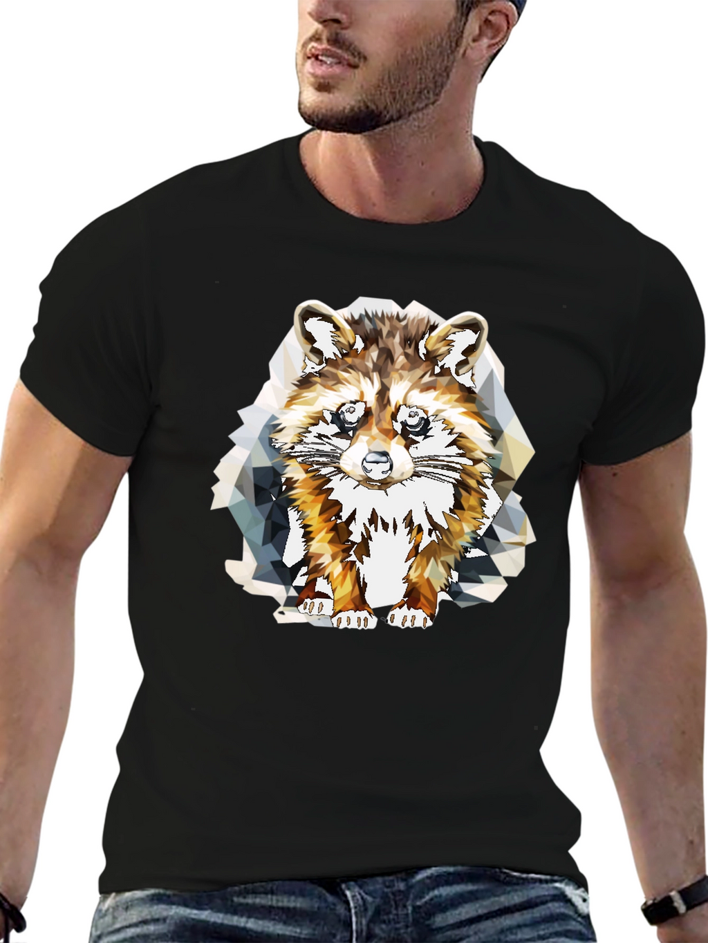 Geometric Raccoon Graphic Tee - Stylish Mens Black T-Shirt
