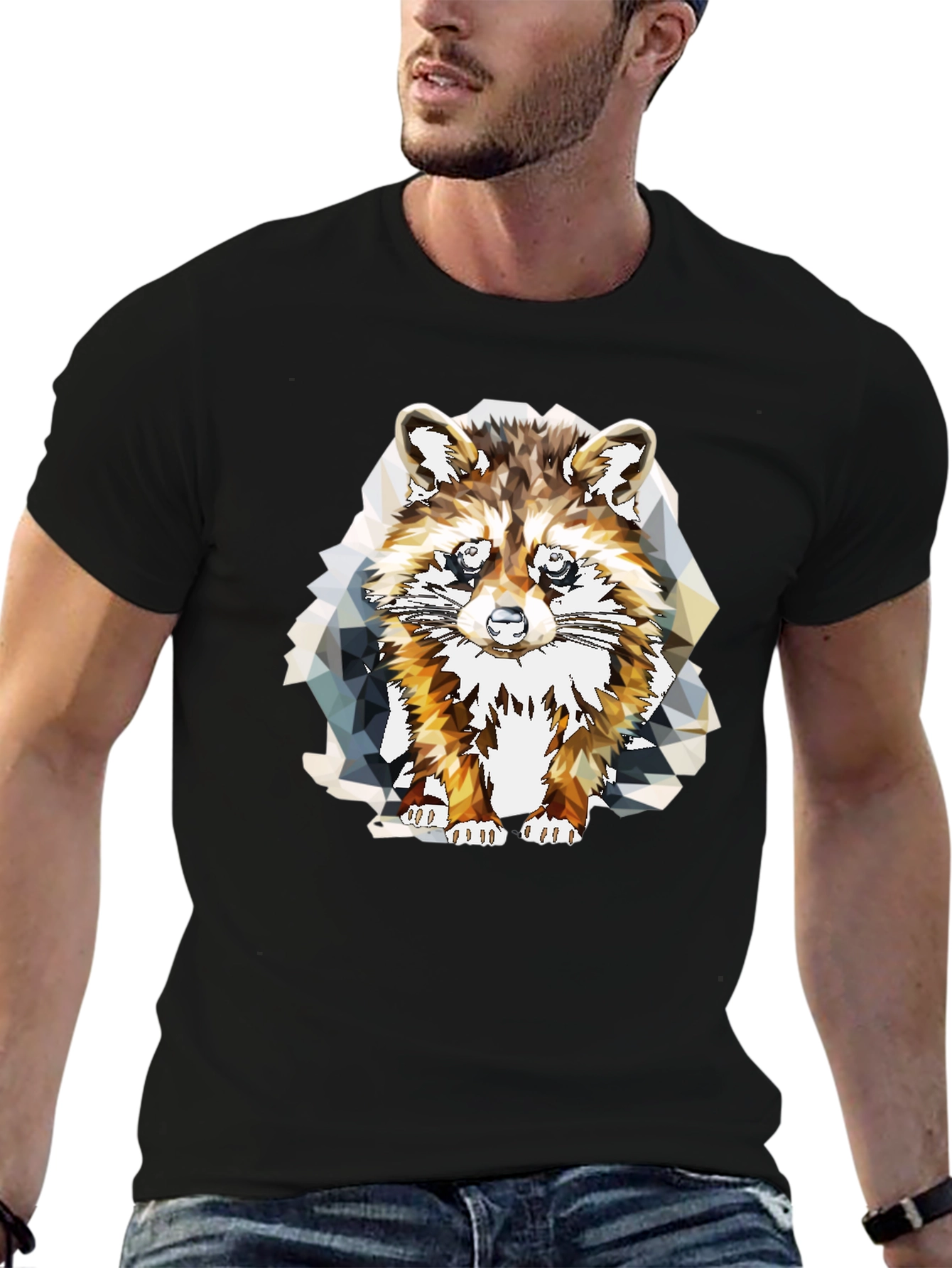 Geometric Raccoon Graphic Tee - Stylish Mens Black T-Shirt