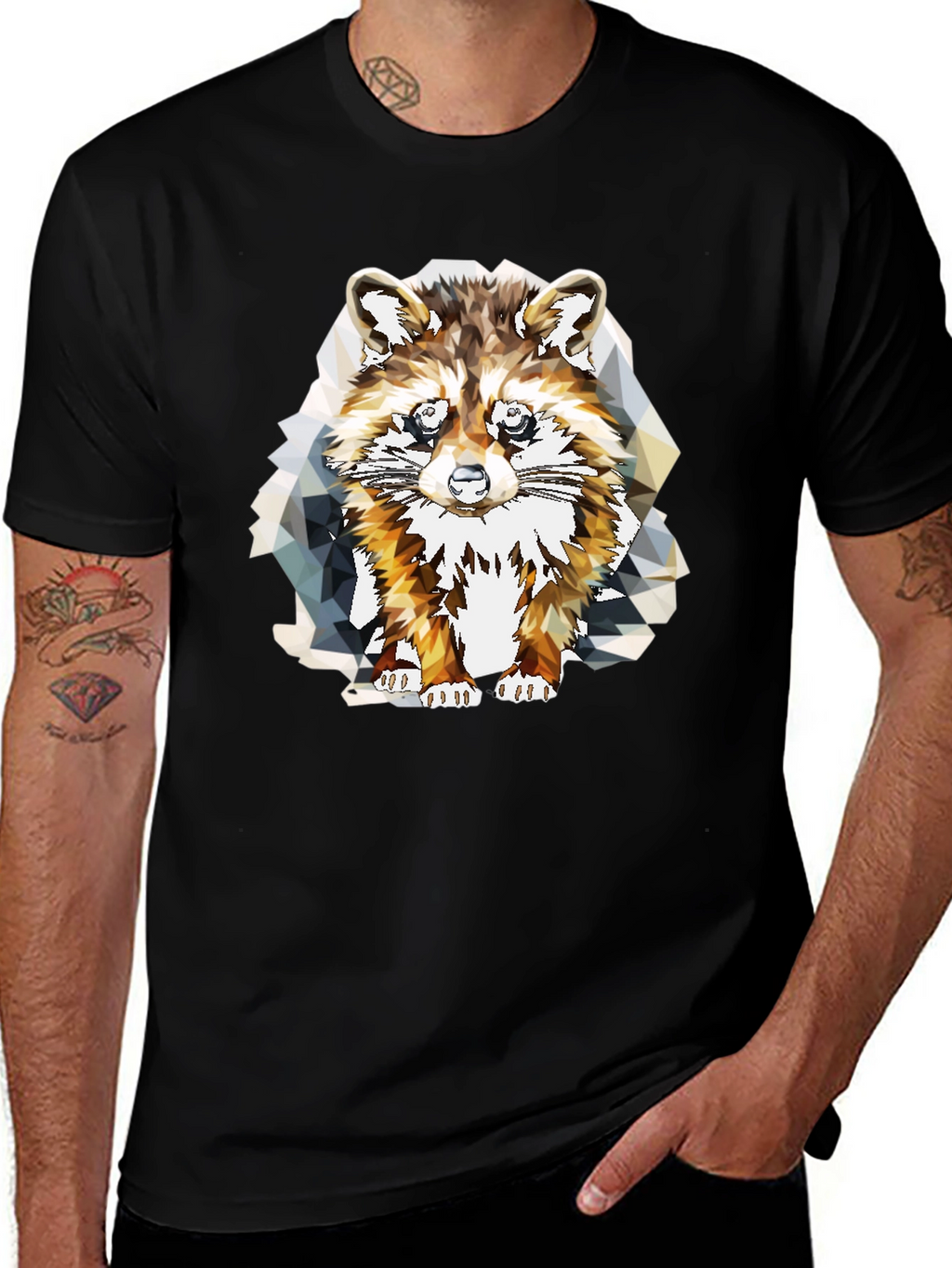 Geometric Raccoon Graphic Tee - Stylish Mens Black T-Shirt