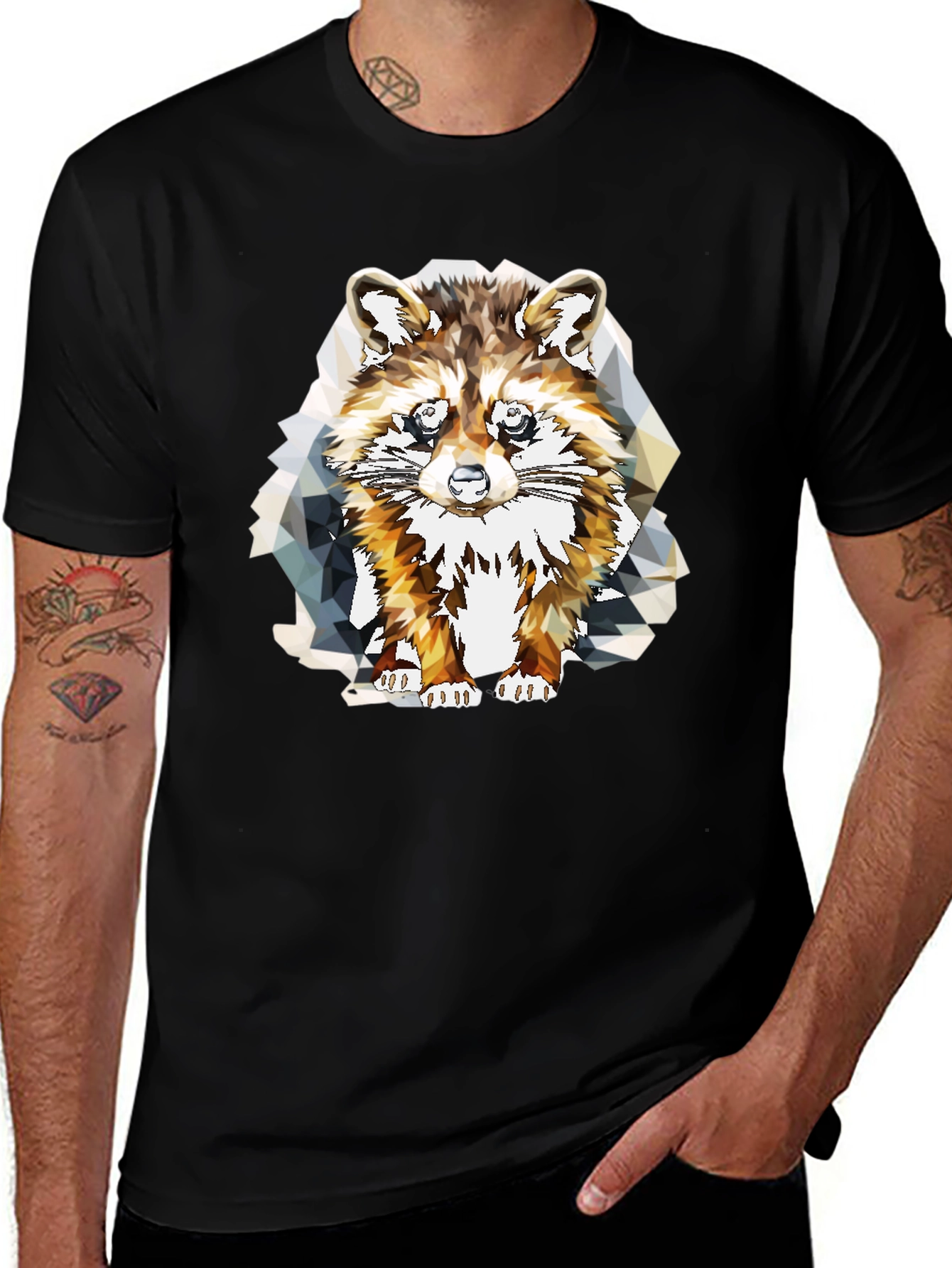Geometric Raccoon Graphic Tee - Stylish Mens Black T-Shirt