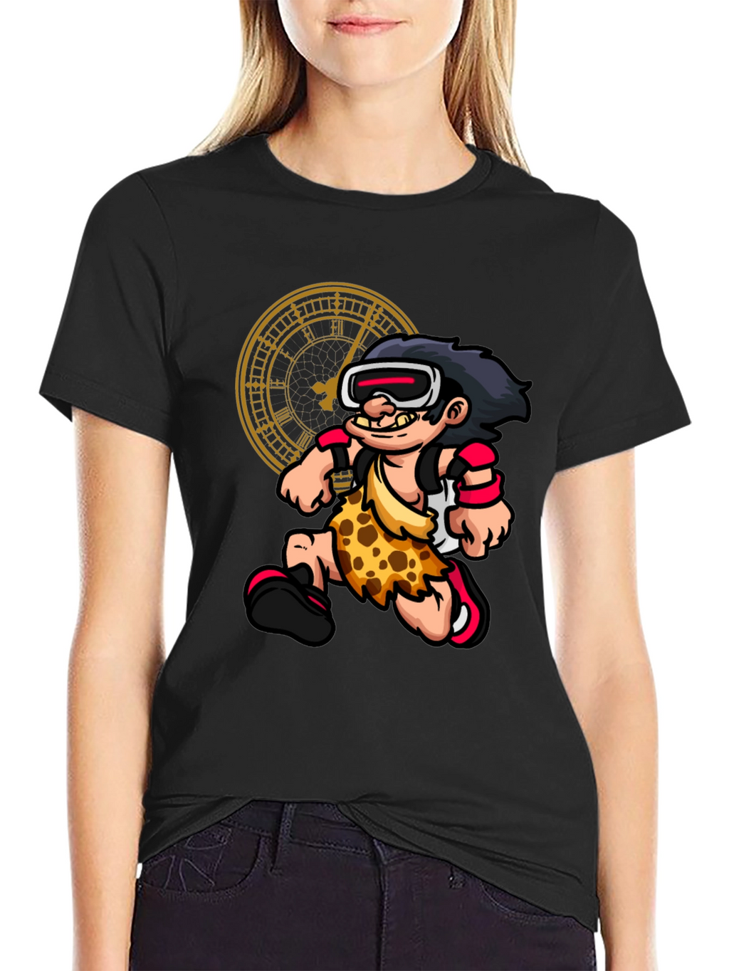 Cartoon Caveman Time Traveler Black Graphic Tee