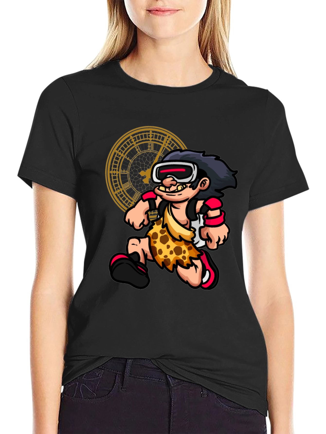 Cartoon Caveman Time Traveler Black Graphic Tee