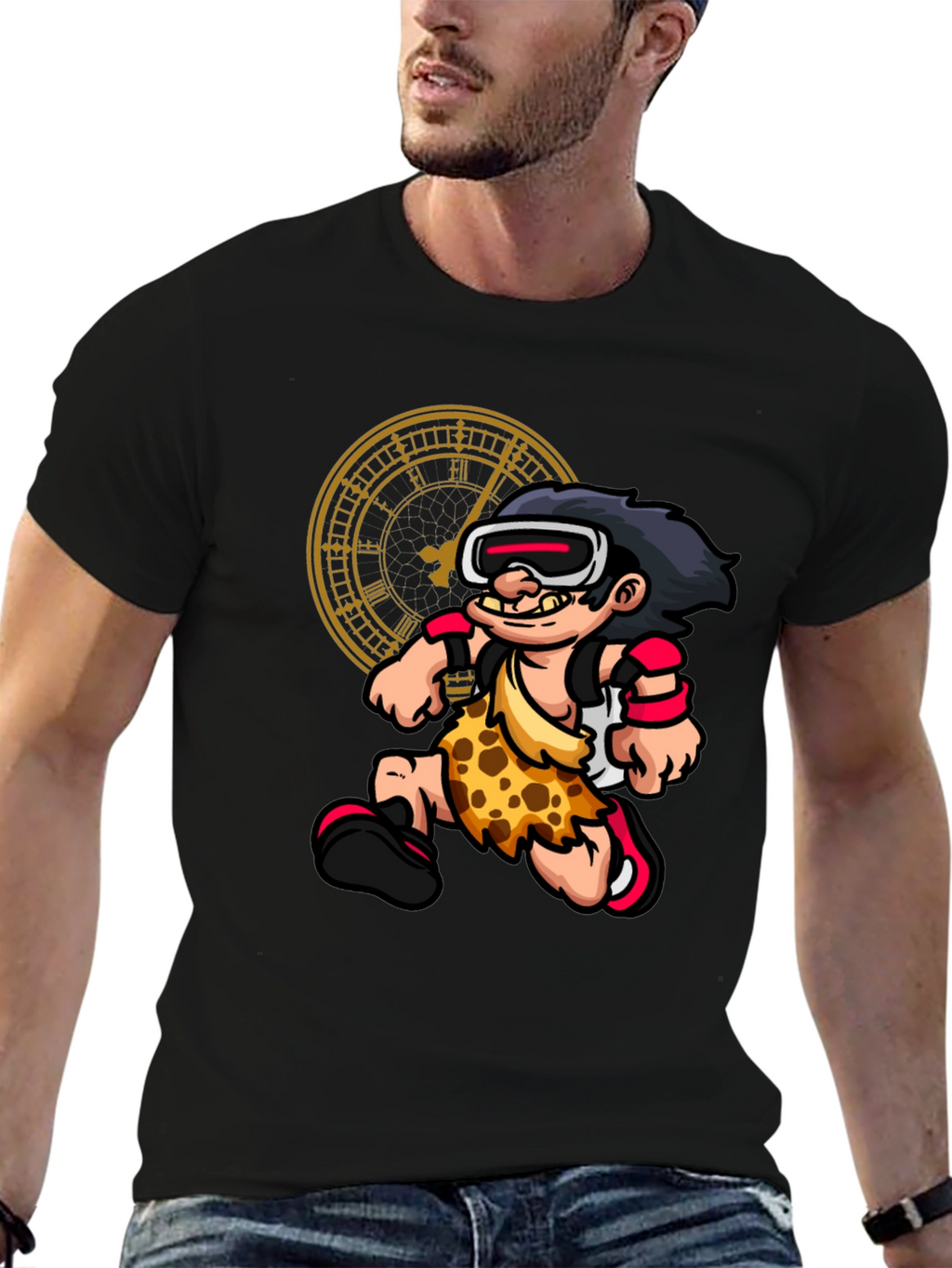 Cartoon Caveman Time Traveler Black Graphic Tee