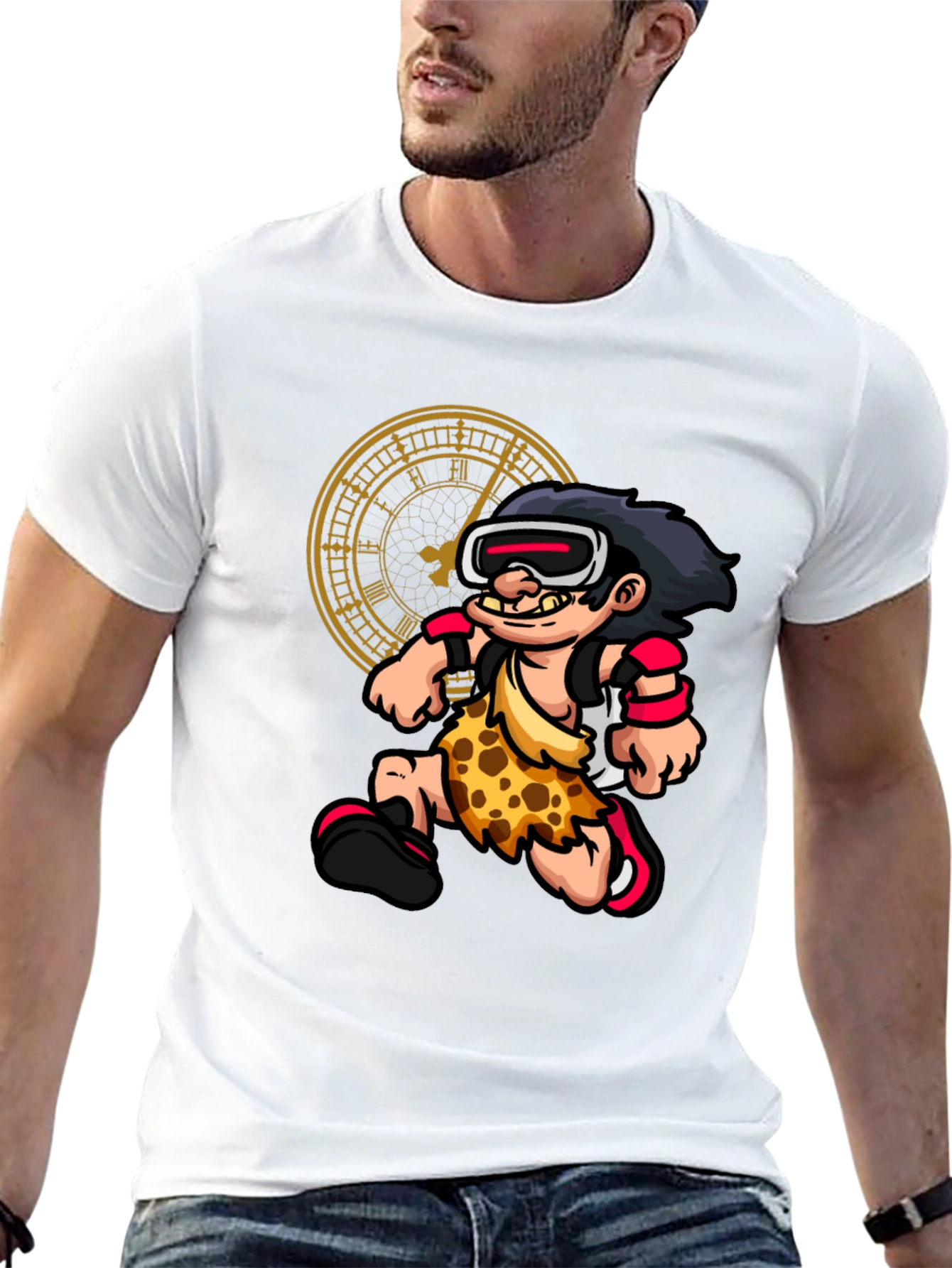 Cartoon Caveman Time Traveler Black Graphic Tee