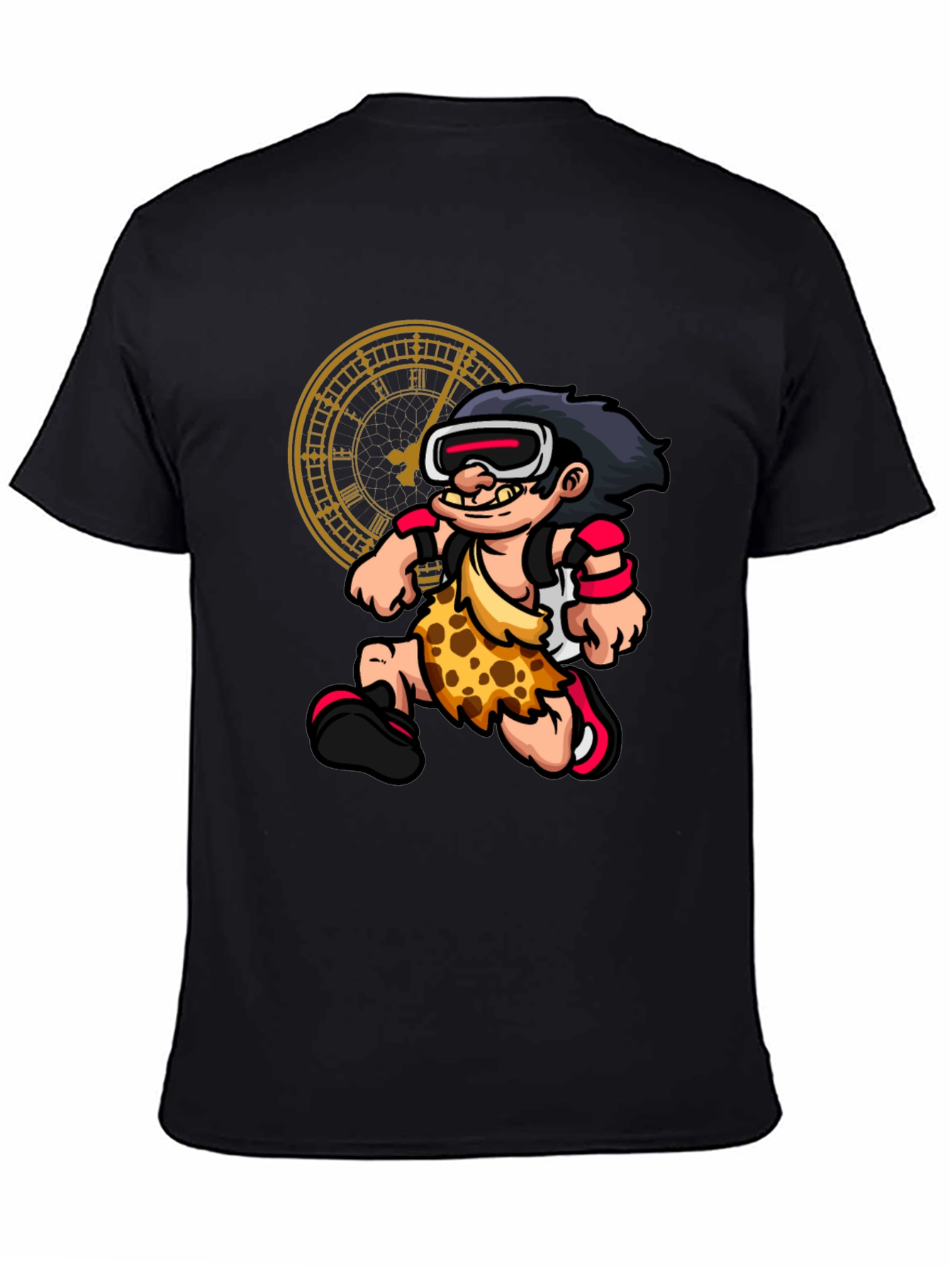 Cartoon Caveman Time Traveler Black Graphic Tee