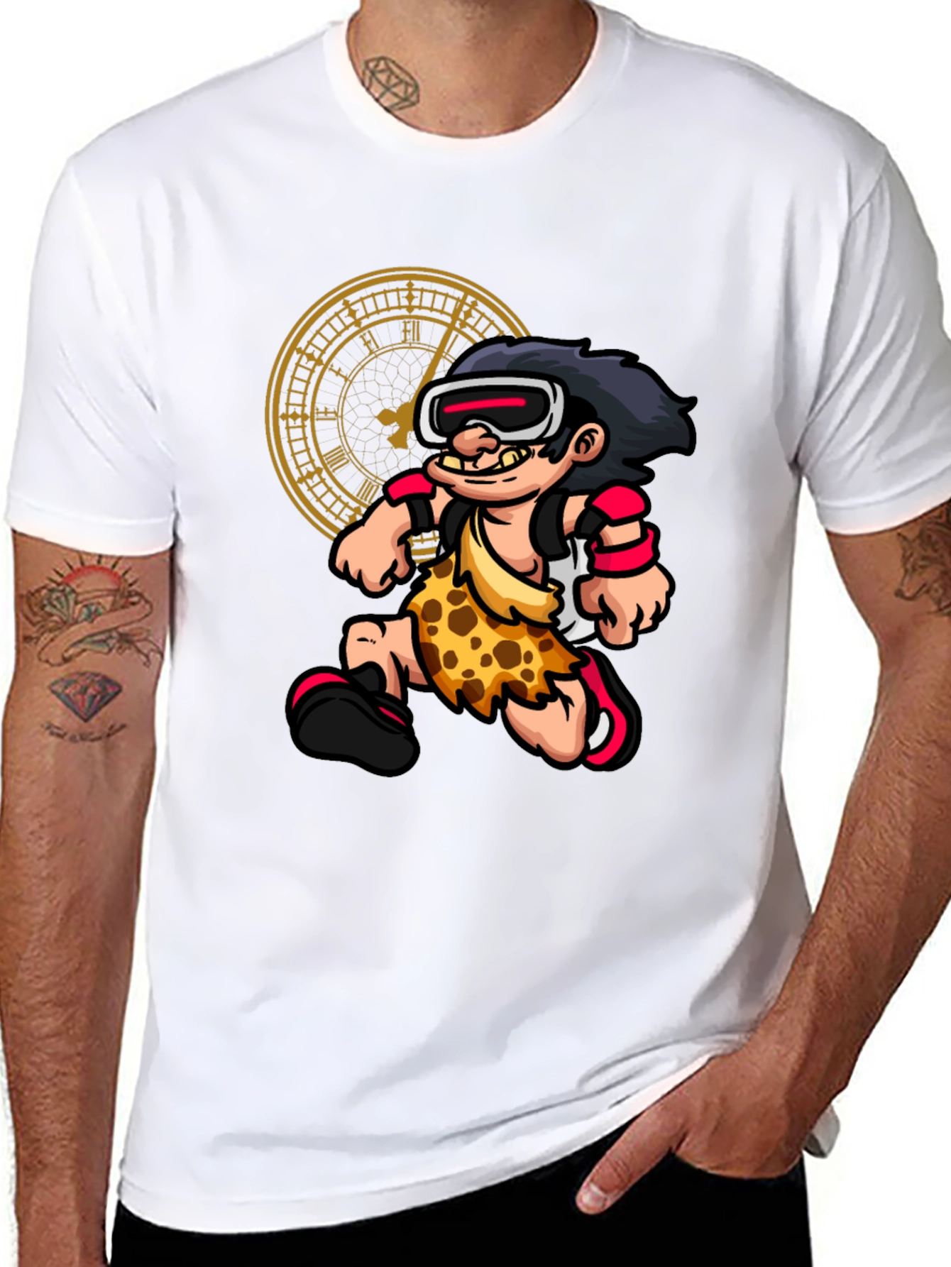Cartoon Caveman Time Traveler Black Graphic Tee