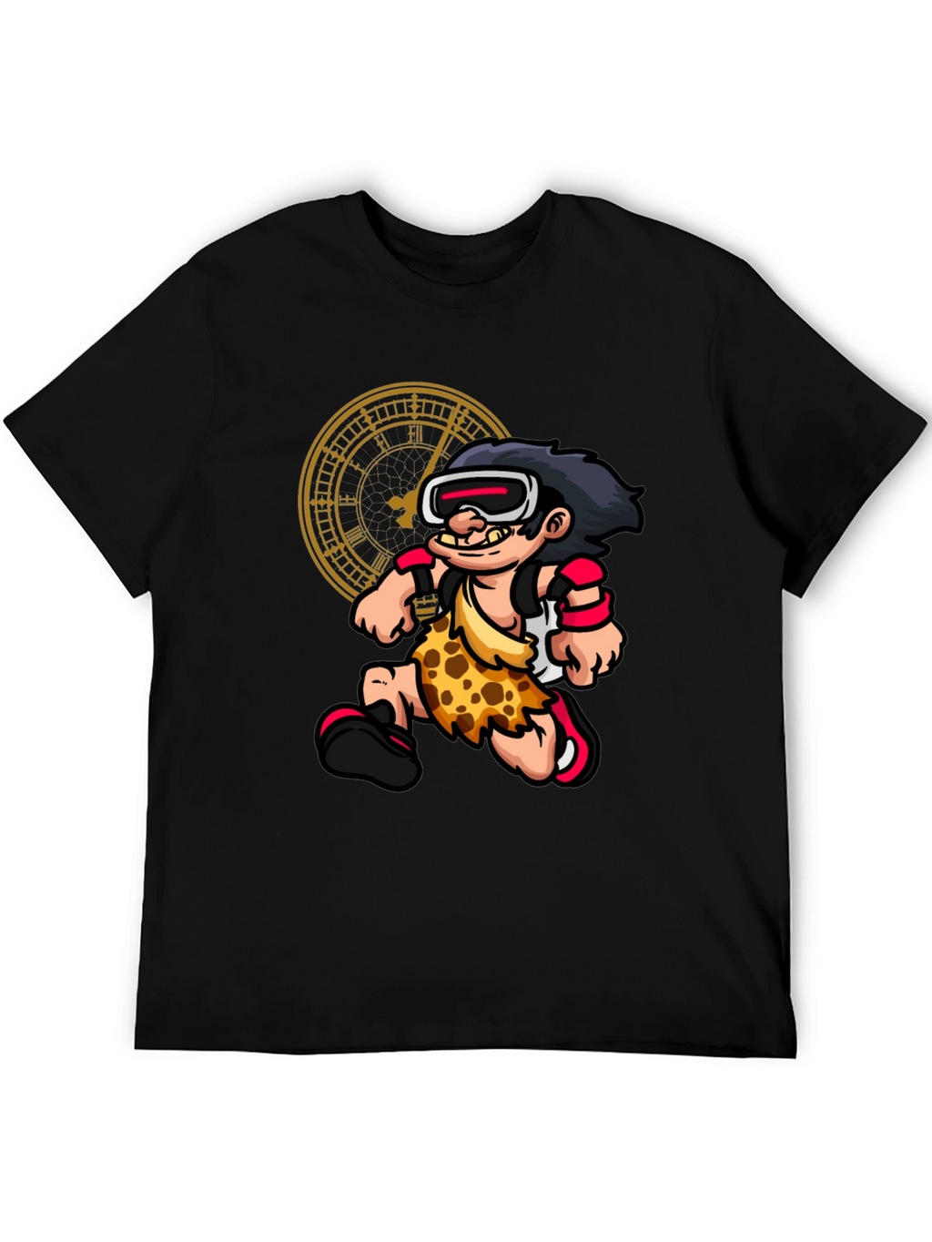 Cartoon Caveman Time Traveler Black Graphic Tee
