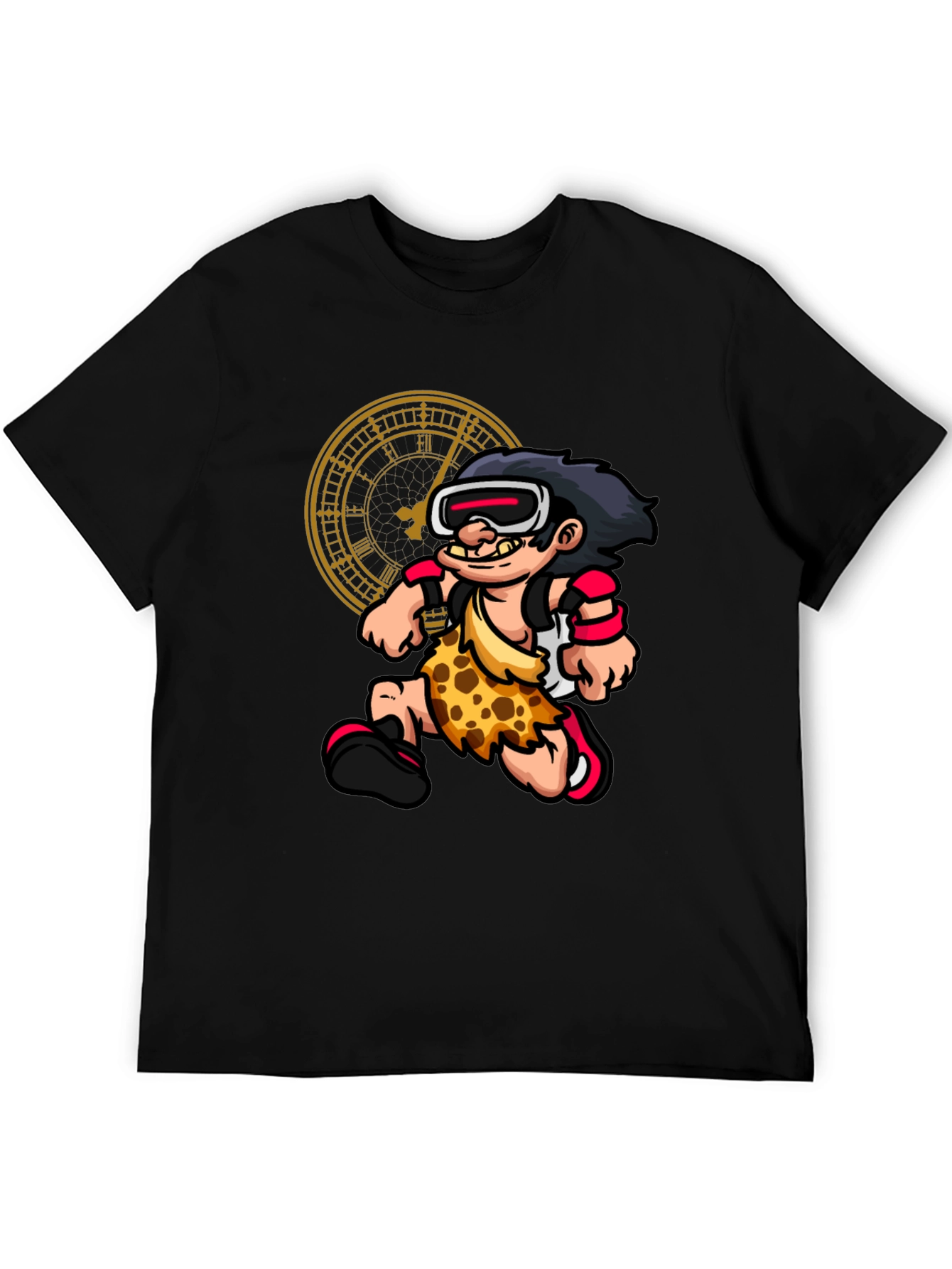 Cartoon Caveman Time Traveler Black Graphic Tee