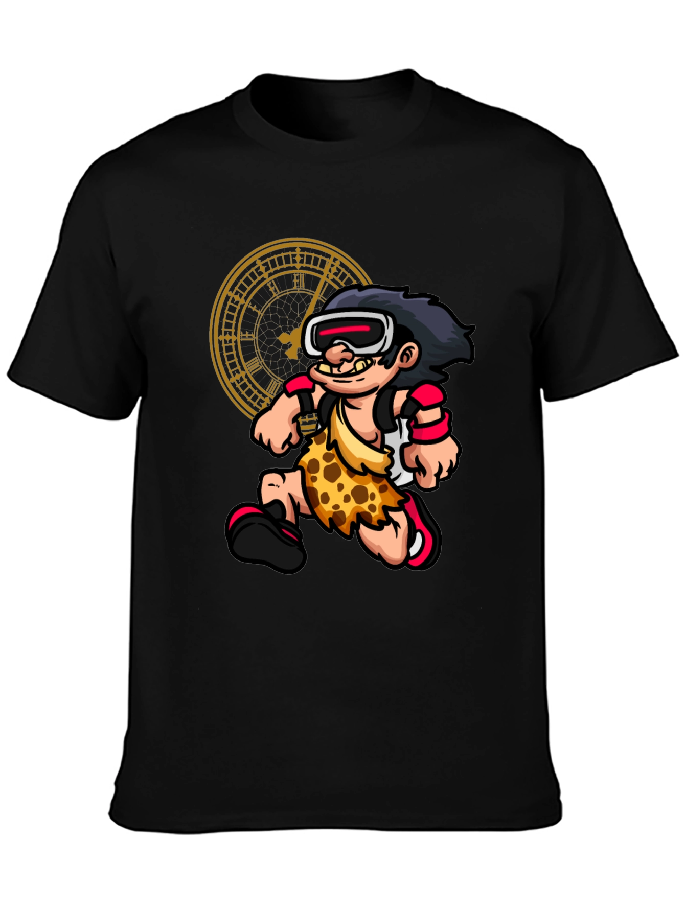 Cartoon Caveman Time Traveler Black Graphic Tee
