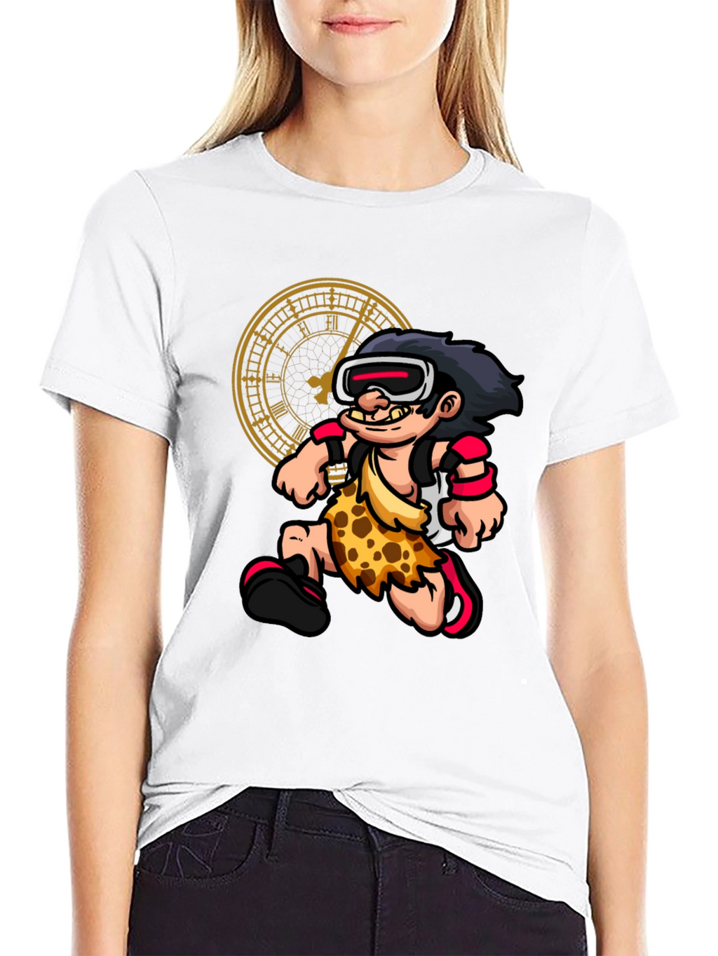 Cartoon Caveman Time Traveler Black Graphic Tee