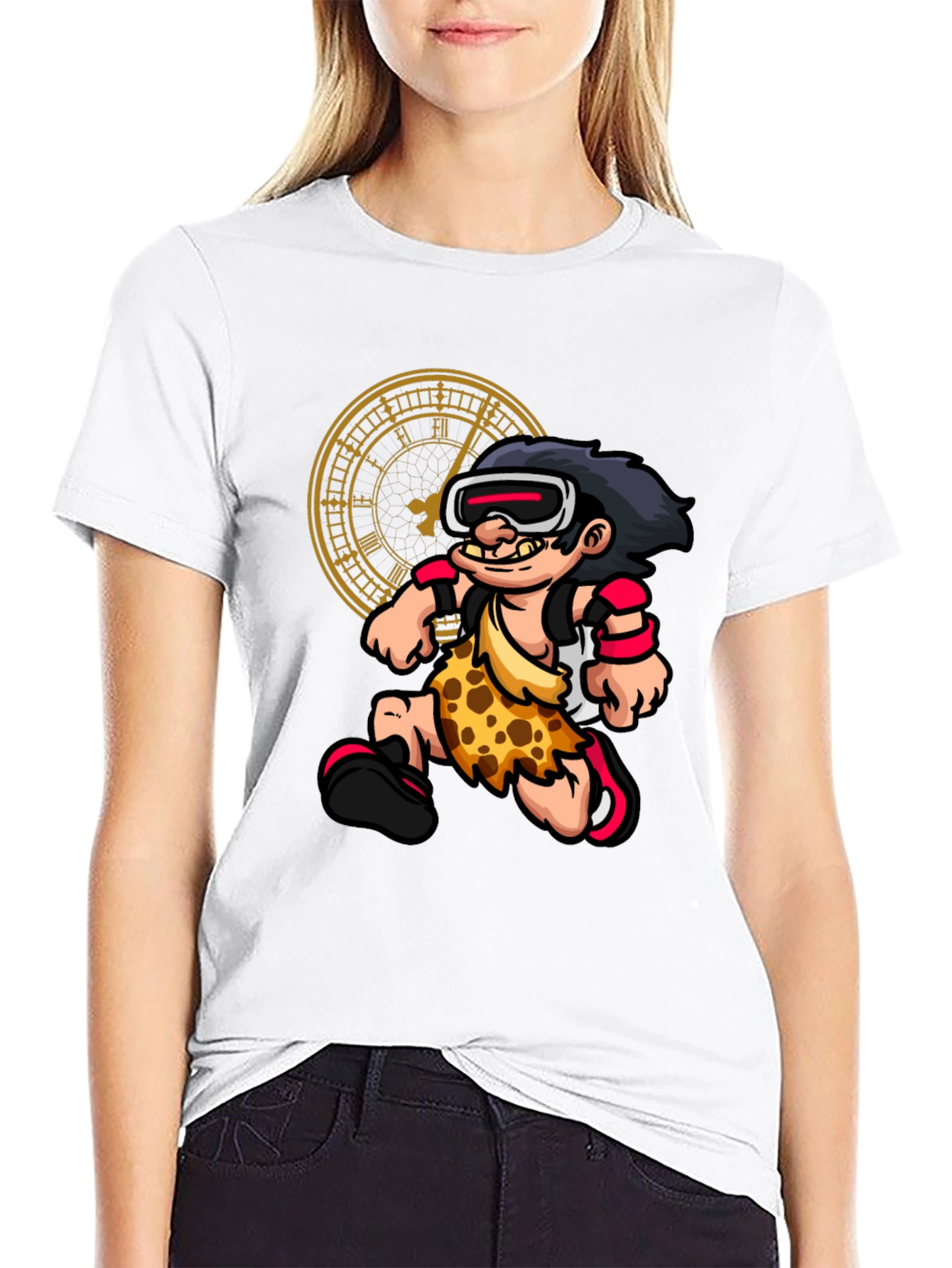 Cartoon Caveman Time Traveler Black Graphic Tee