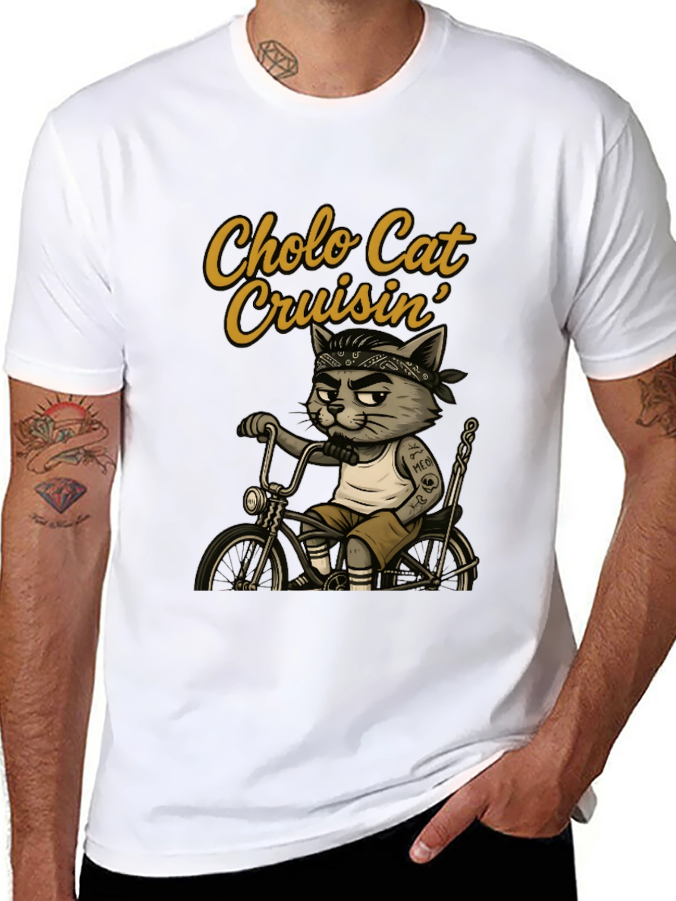Cholo Cat Cruisin T-Shirt - Cool Cat on Bike