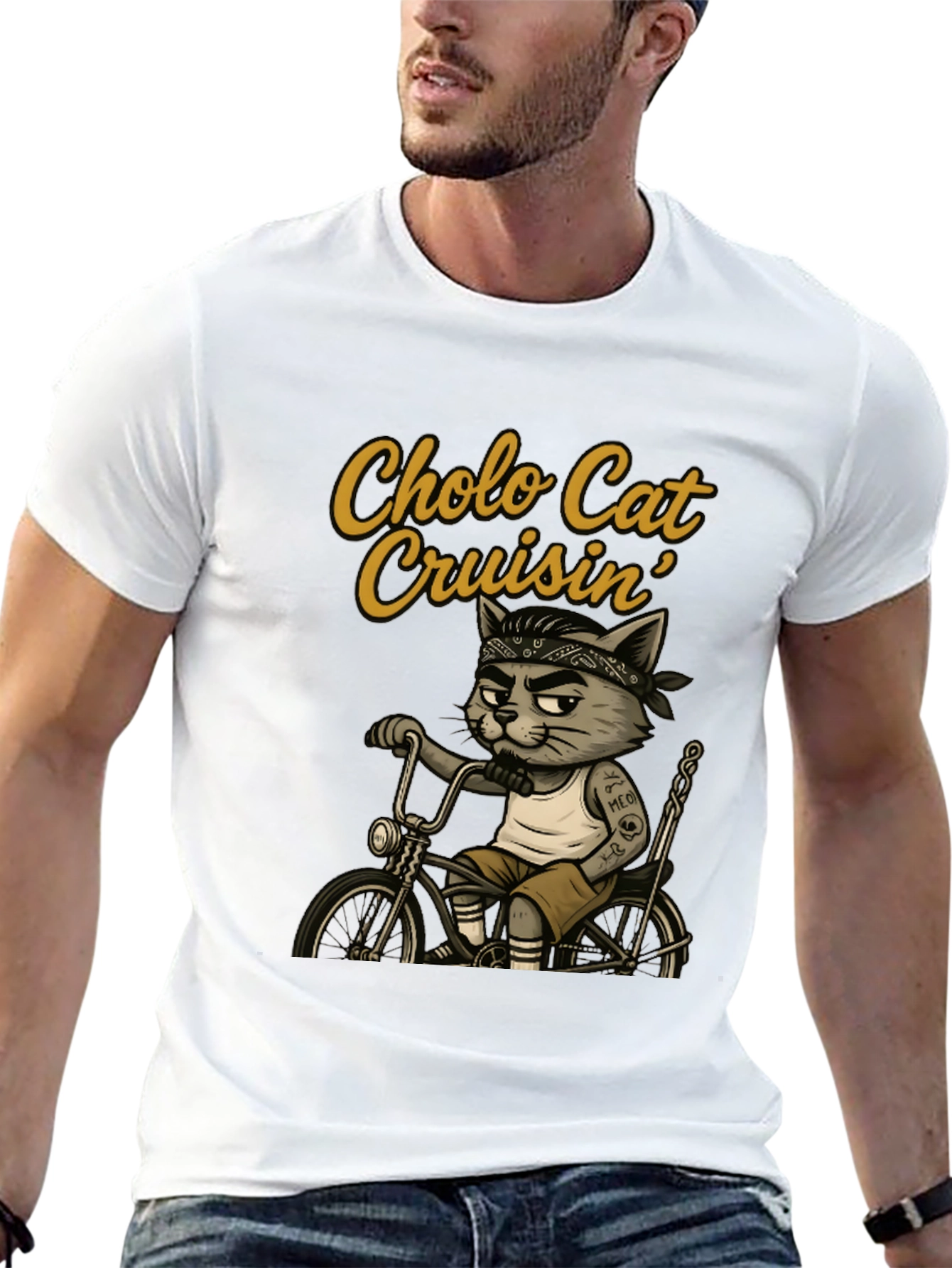 Cholo Cat Cruisin T-Shirt - Cool Cat on Bike