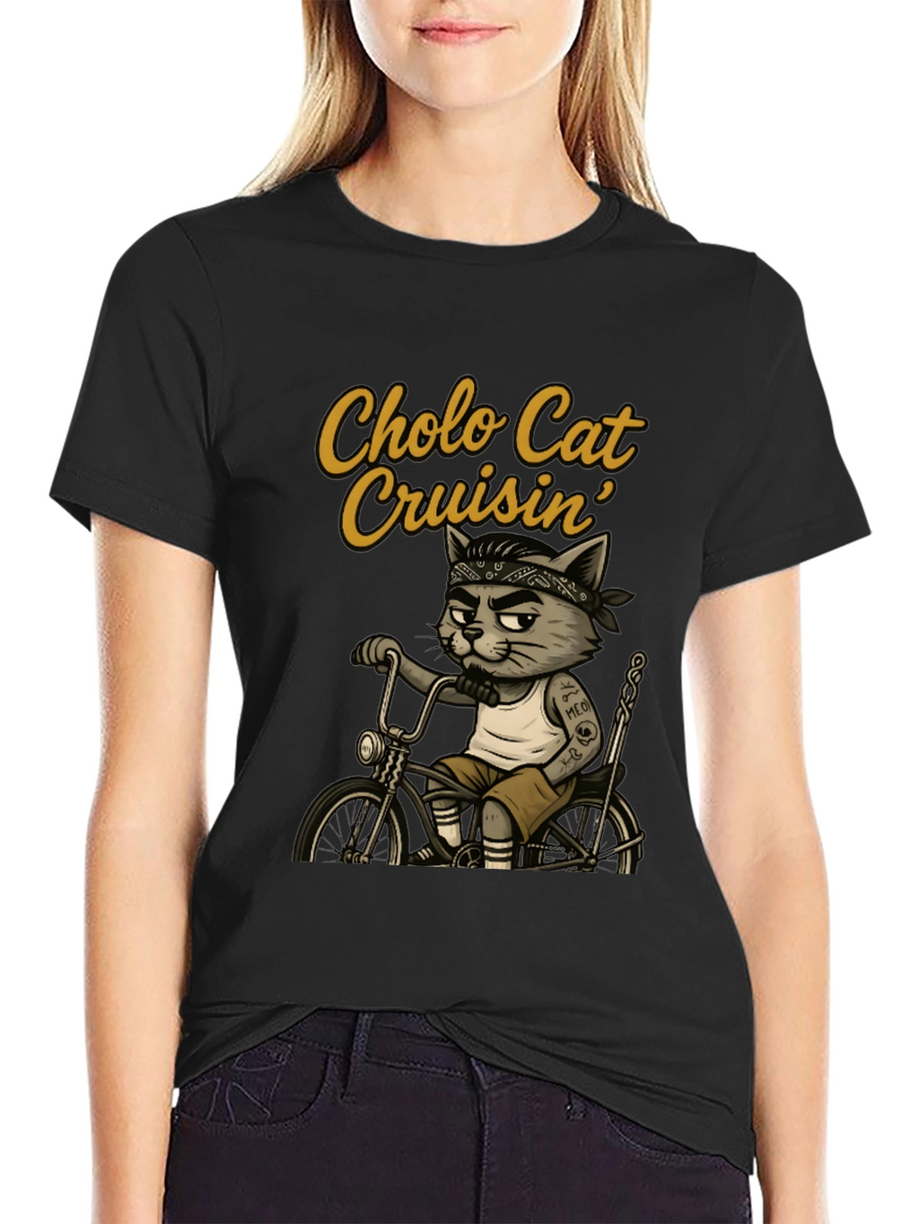 Cholo Cat Cruisin T-Shirt - Cool Cat on Bike