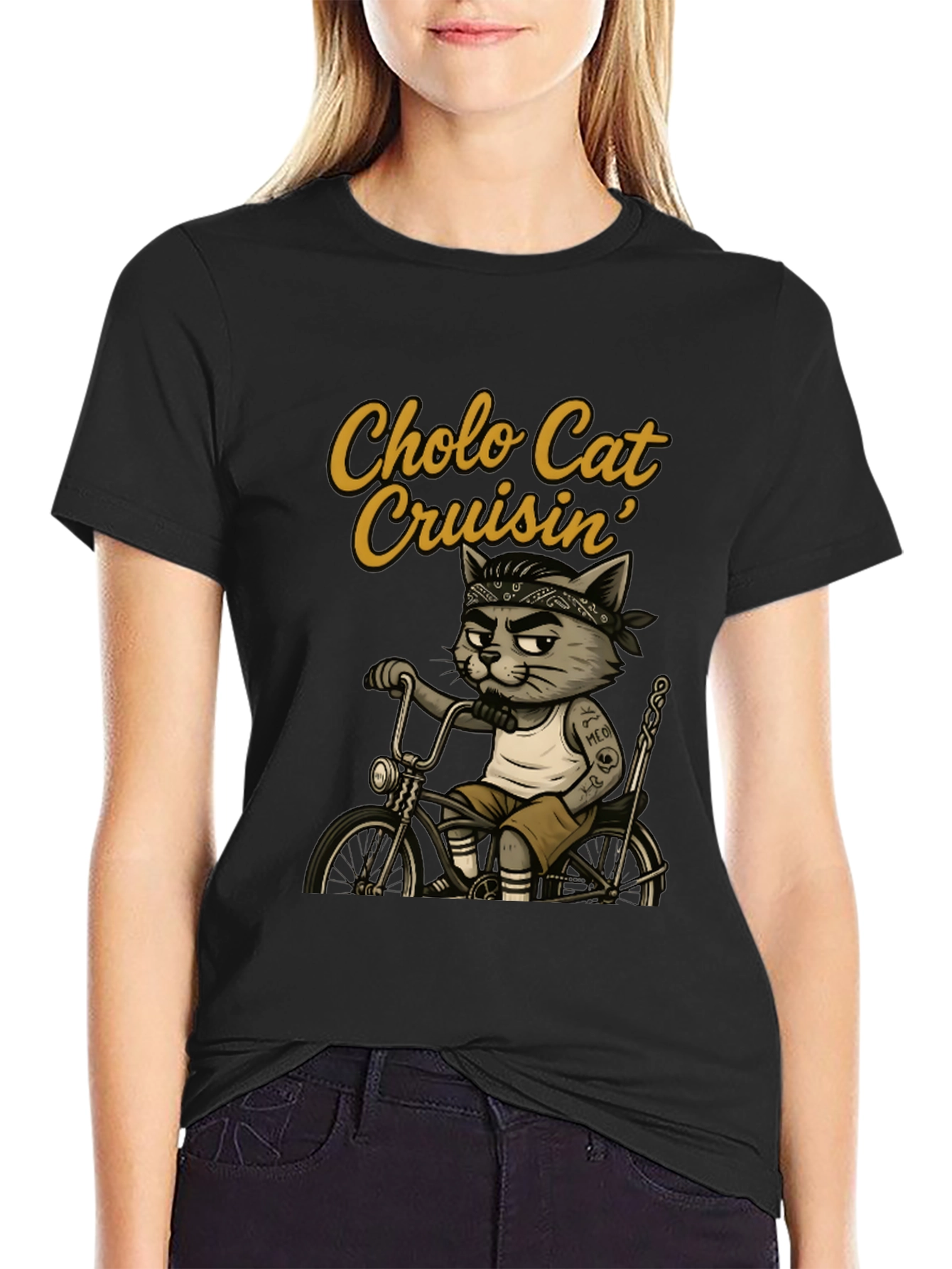 Cholo Cat Cruisin T-Shirt - Cool Cat on Bike