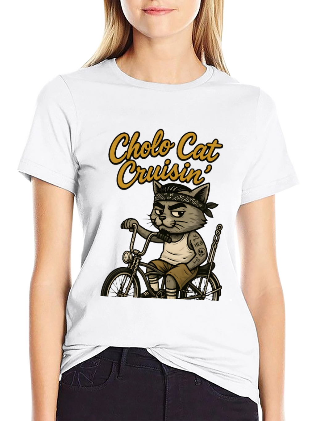 Cholo Cat Cruisin T-Shirt - Cool Cat on Bike