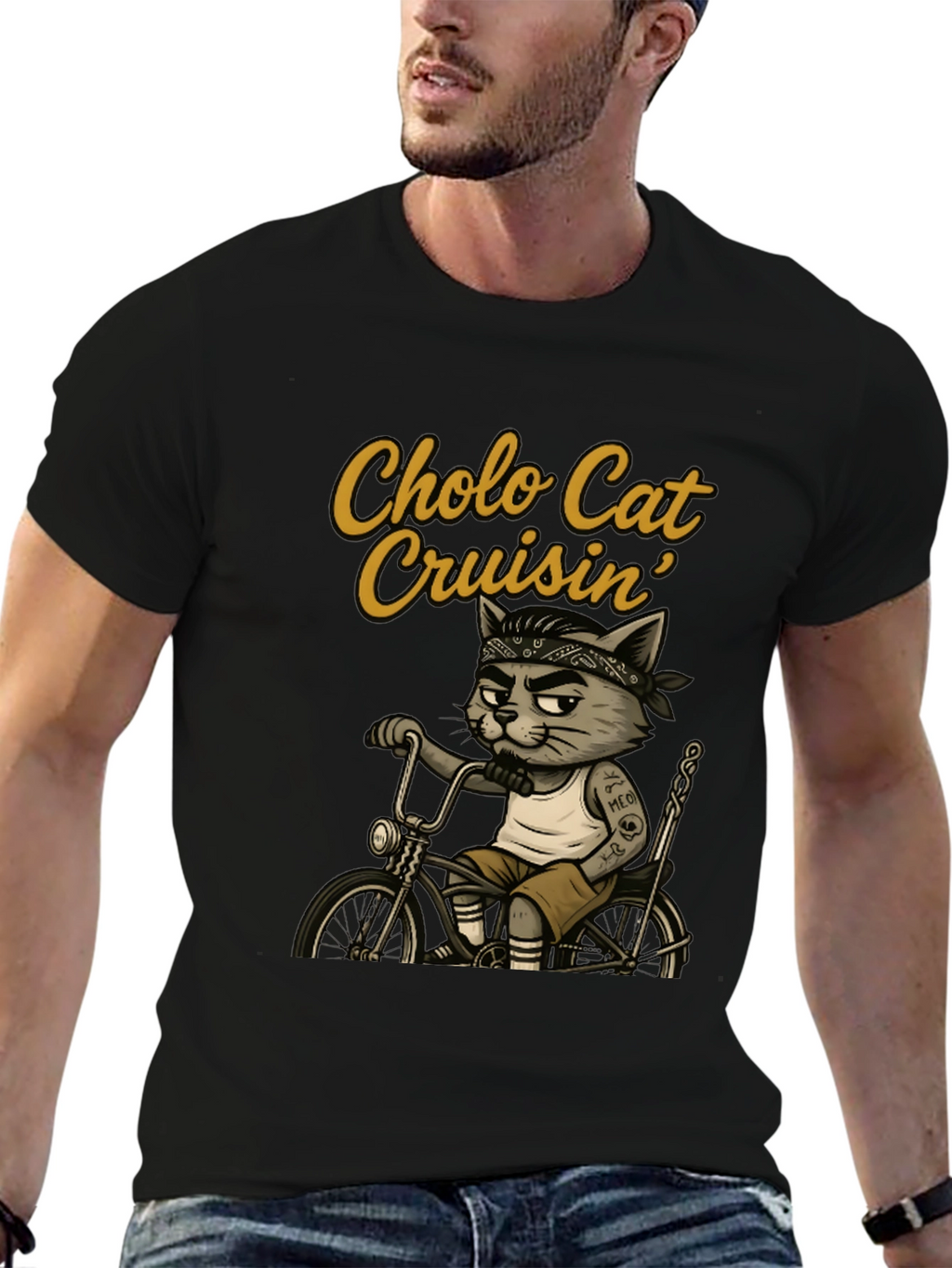 Cholo Cat Cruisin T-Shirt - Cool Cat on Bike