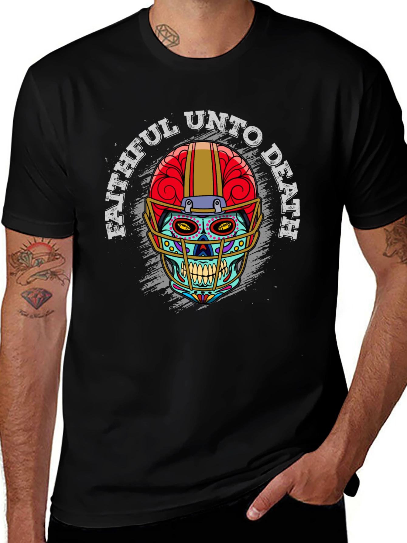 Faithful Unto Death Sugar Skull Football T-Shirt