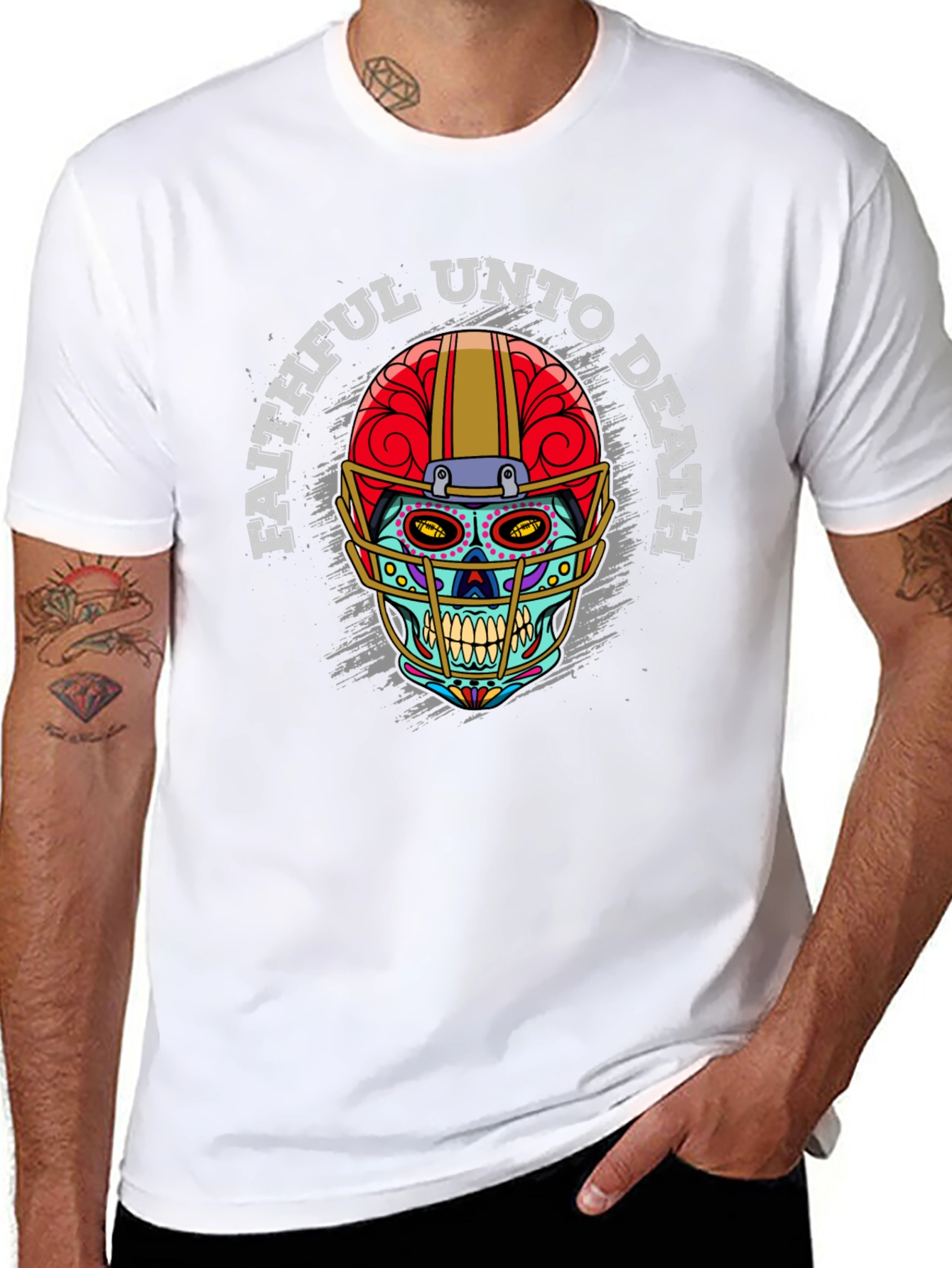 Faithful Unto Death Sugar Skull Football T-Shirt