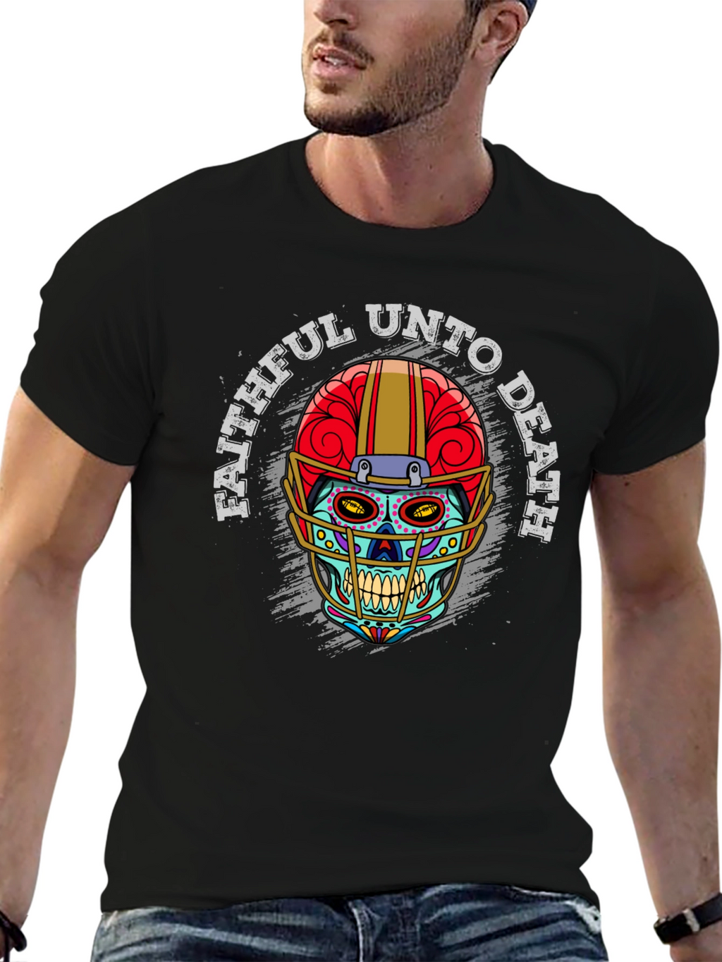 Faithful Unto Death Sugar Skull Football T-Shirt
